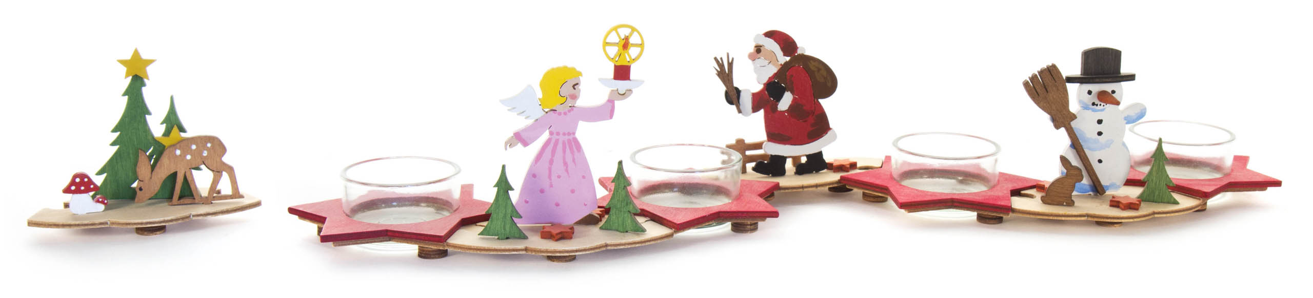 Holz-Adventskranz Bastelset mit handbemalten Figuren: Engel, Weihnachtsmann, Schneemann und Reh neben einem Weihnachtsbaum.