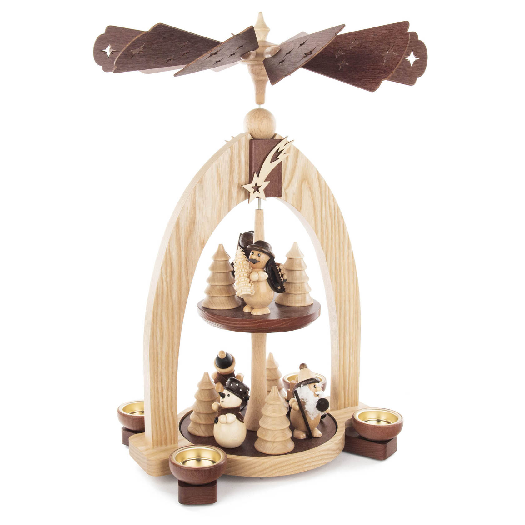 Two-tier wooden Christmas pyramid with natural finish featuring Santa Claus, reindeer, and trees, designed to hold tea lights and spin as heat rises.