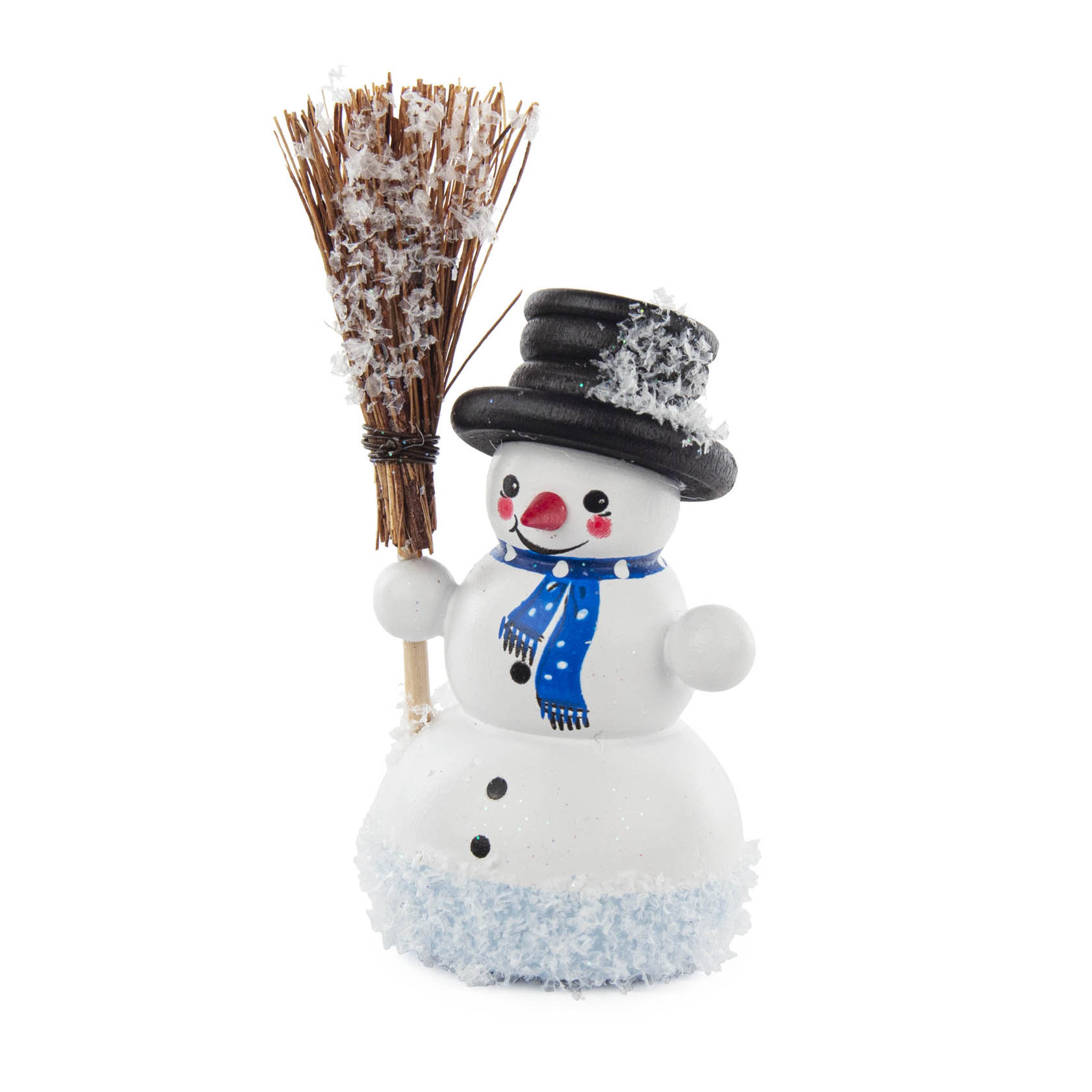 Niedlicher Schneemann aus Kunststoff mit schwarzem Zylinder, blauem Schal und roter Nase, hält einen Schneebesen aus Holz und trägt Schneeglitzer.