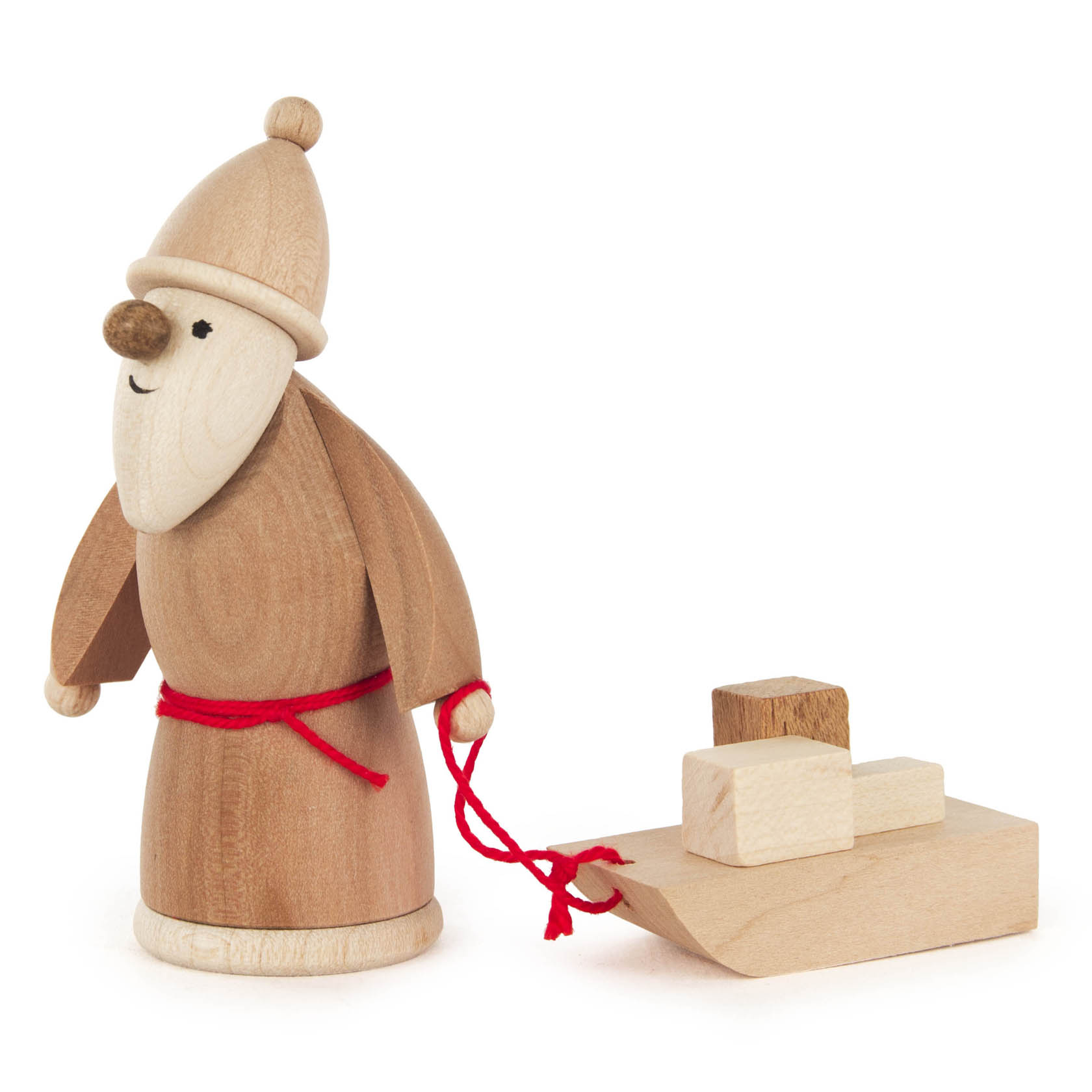 A wooden figure resembling Santa Claus, with a red belt, is pulling a small sled with three wooden blocks. im Dregeno Online Shop günstig kaufen