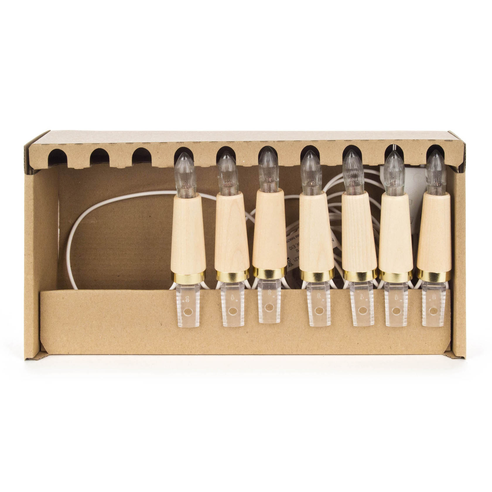 A seven-piece candle arch chain with wooden shafts made of maple, each with a lightbulb on top, displayed in a cardboard box.