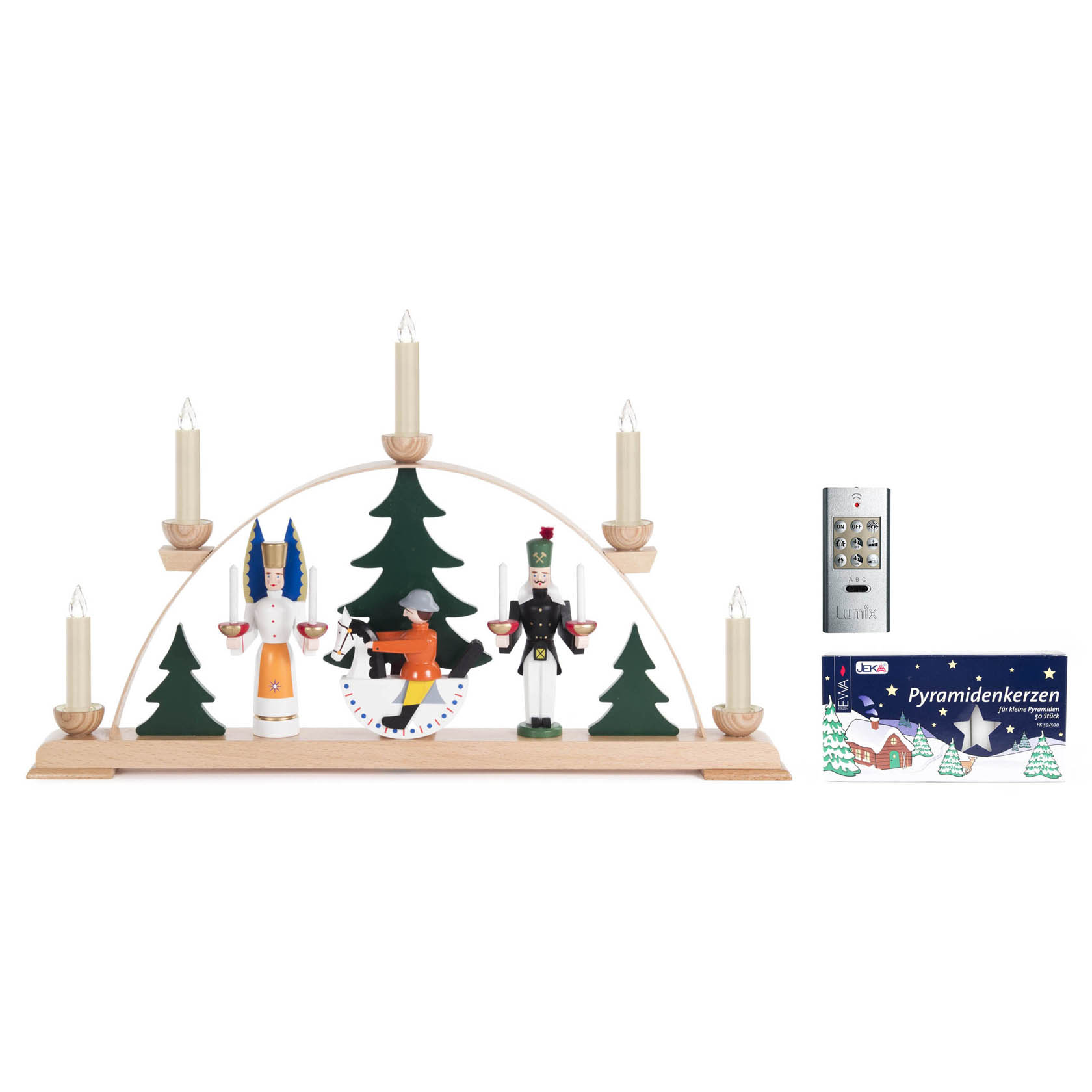 Schwibbogen mit Engel und Bergmann inklusive 50 Pyramidenkerzen 14mm weiß+ LUMIX Basis-Set,5Kerzen,1 Fernbedienung im Dregeno Online Shop günstig kaufen