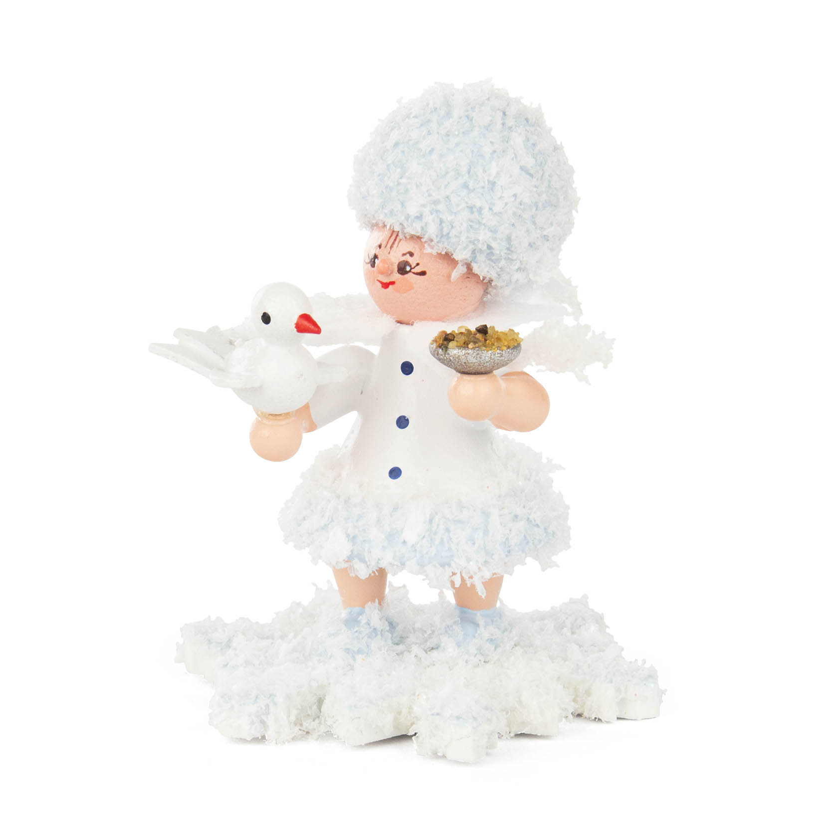A figurine of a small child dressed as a snowflake with a fluffy hat, holding a white dove in one hand and a bowl of seeds in the other. im Dregeno Online Shop günstig kaufen