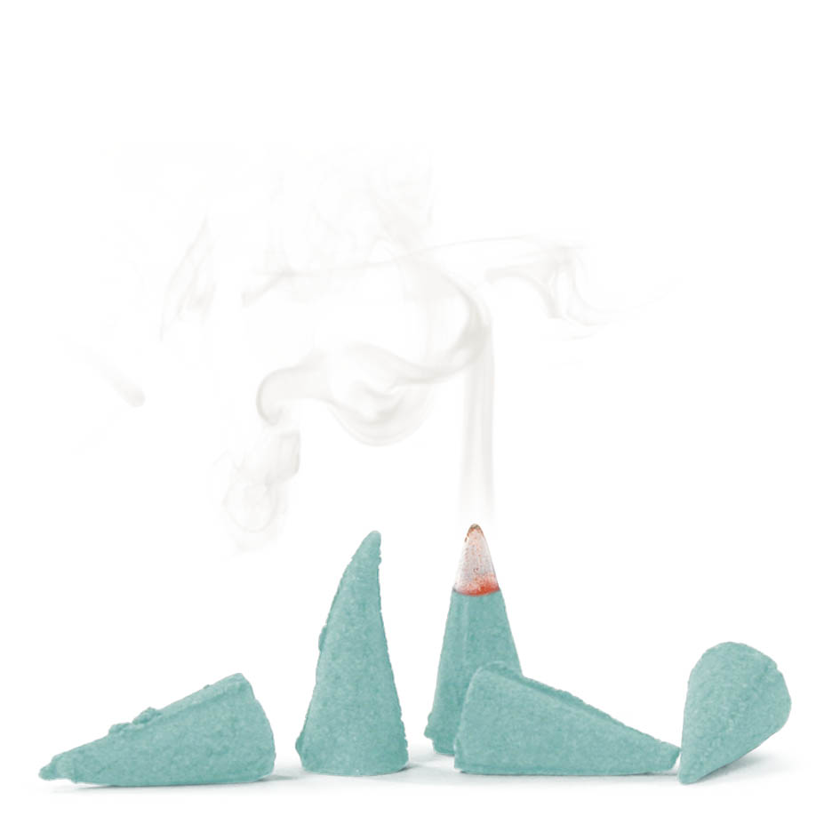 Five turquoise incense cones with smoke rising from a lit one, evoking a fresh ocean breeze aroma.