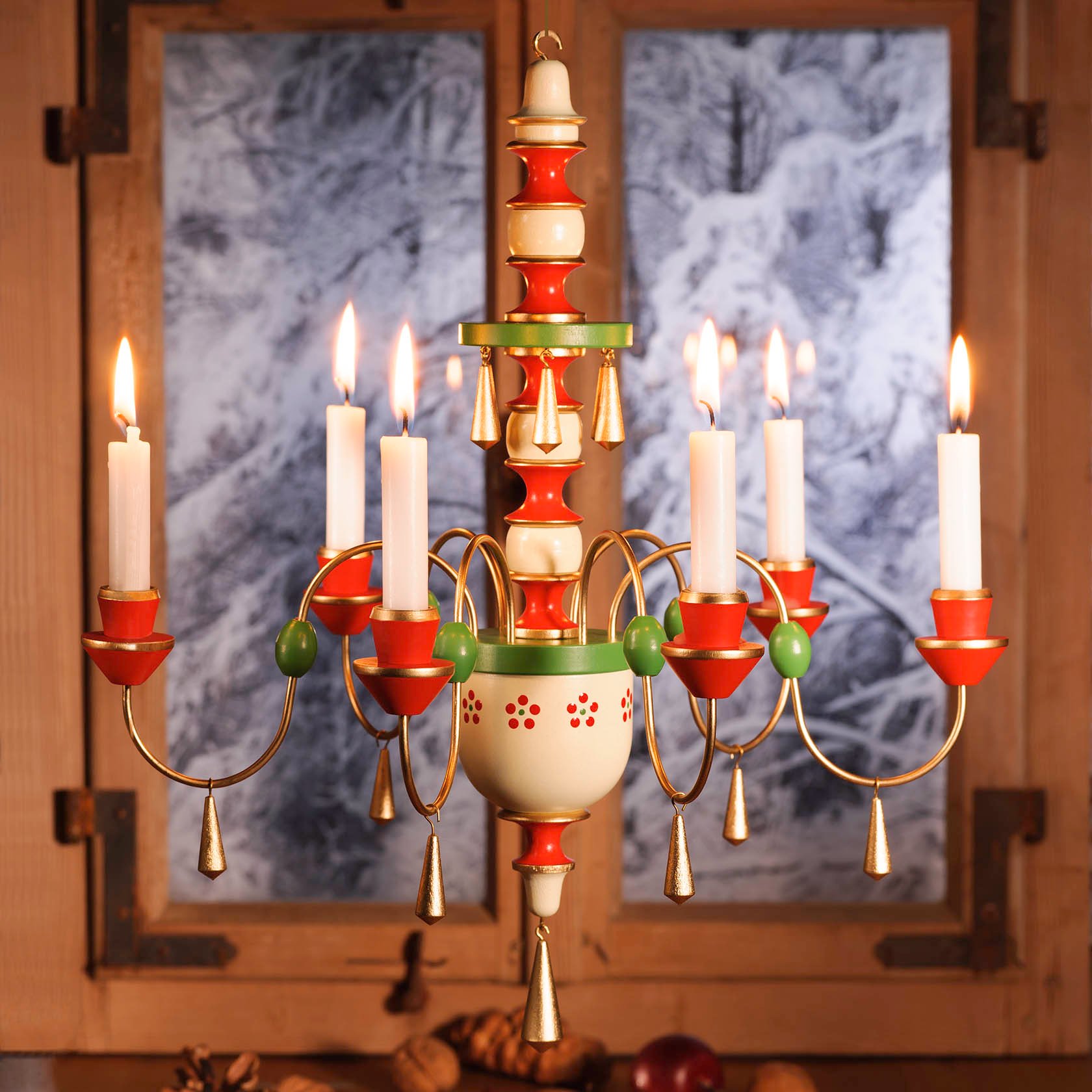 Erzgebirge chandelier, colored for candles 14 mm