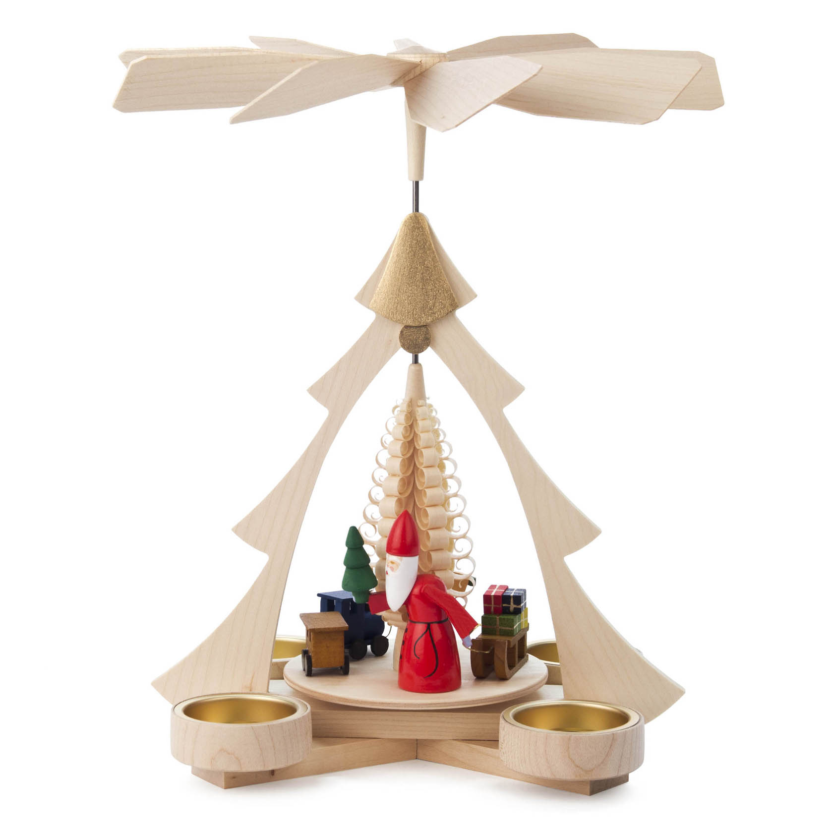 Holzpyramide in Form eines Weihnachtsbaums mit Kerzenhalter. Mittelteil mit Weihnachtsmann, Baum und Schlitten. Oben eine Flügelkonstruktion. im Dregeno Online Shop günstig kaufen
