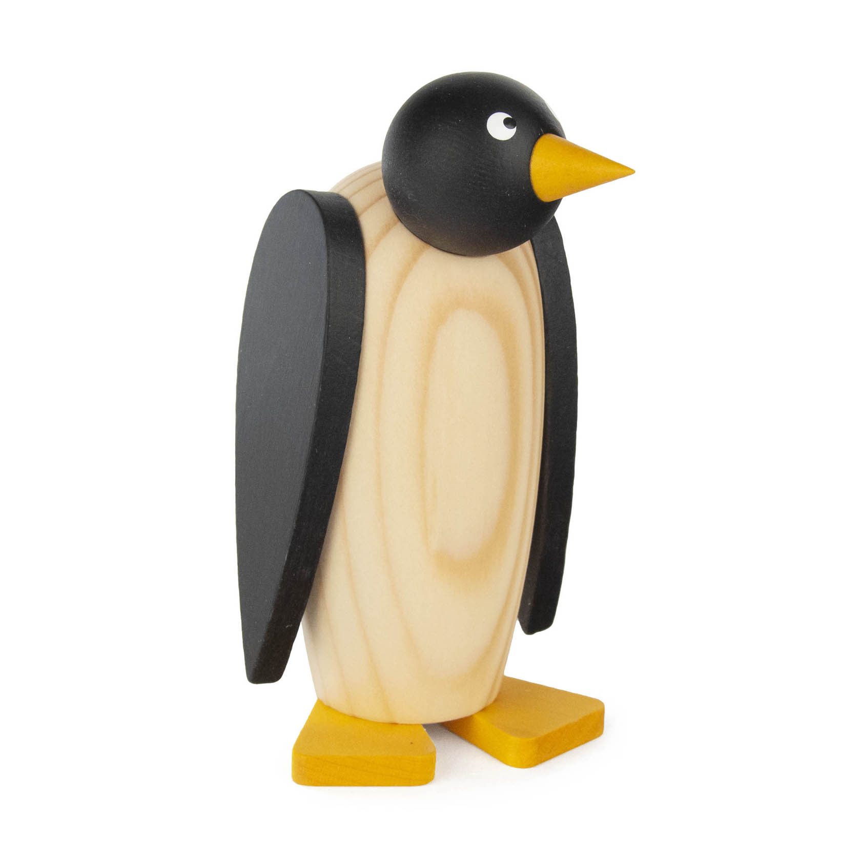 Holzfigur eines Pinguins mit schwarzem Kopf, Flügeln und gelbem Schnabel sowie Füßen. im Dregeno Online Shop günstig kaufen