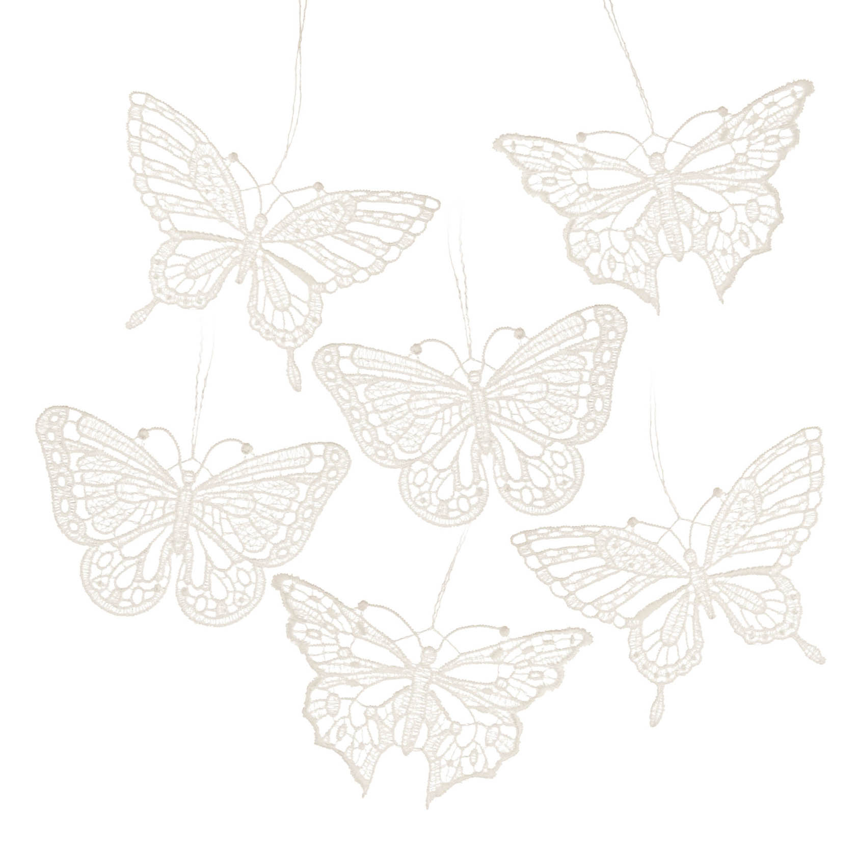 Six delicate lace butterfly decorations, intricately crafted, showcasing fine details and elegant patterns. Designed by Plauener Spitze.