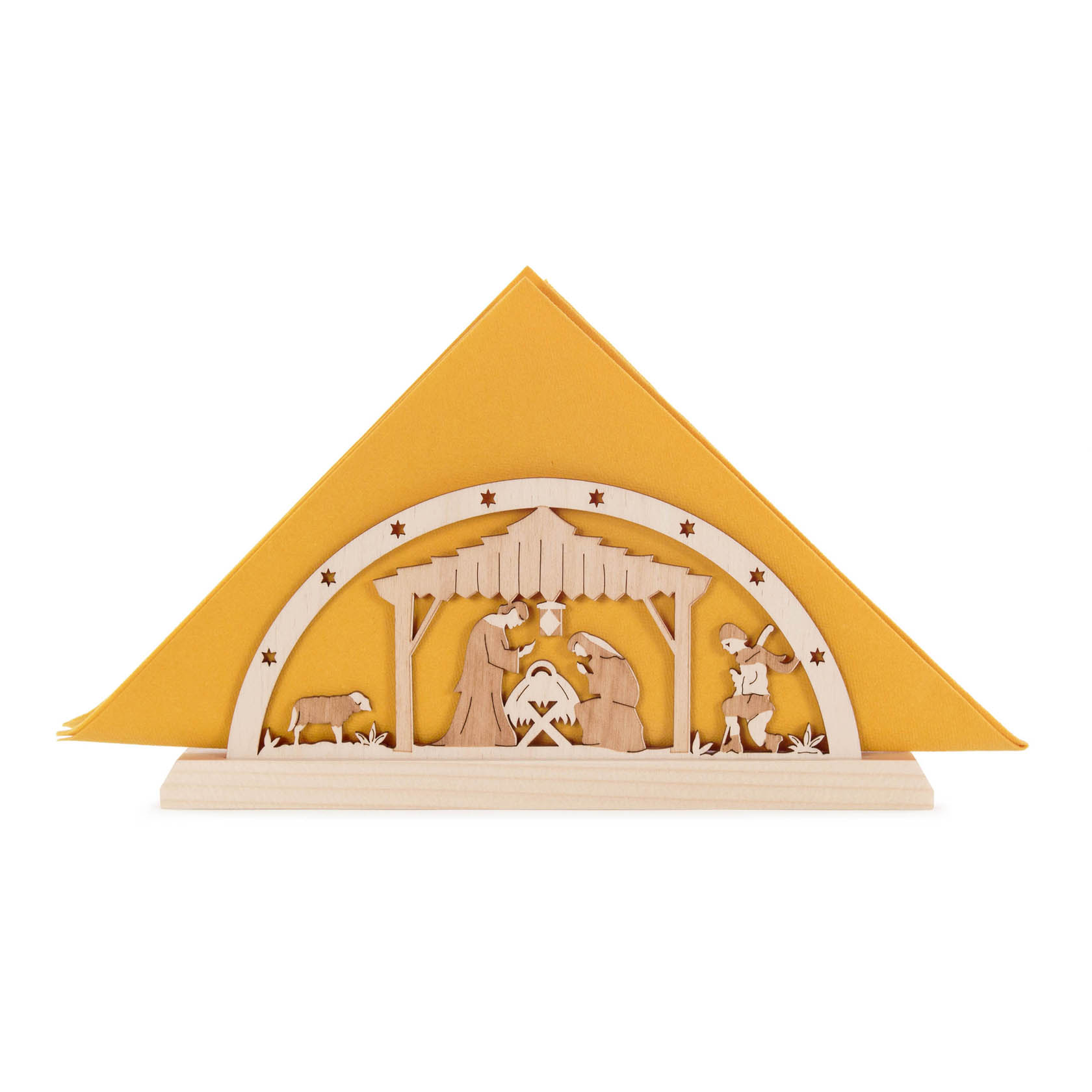 Holz-Serviettenständer mit Motiv der Geburt Christi, zeigt Maria, Josef, das Jesuskind sowie einen Engel und ein Schaf vor gelben Servietten.