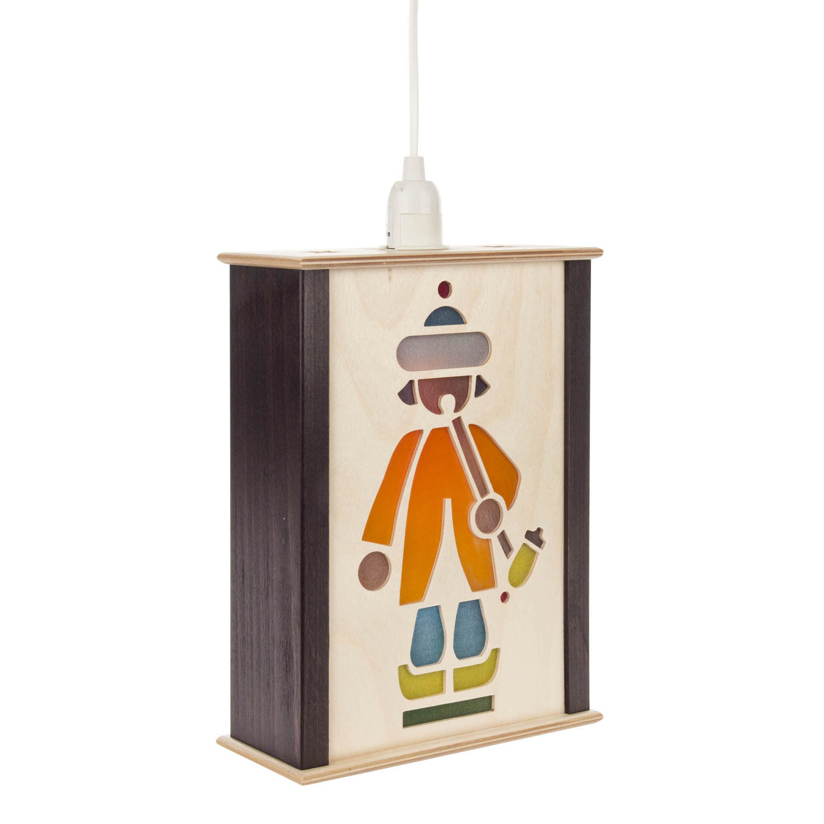 A small window lantern featuring a minimalist wooden figure of a rider with a red hat, orange coat, and green boots, holding a toy horse.