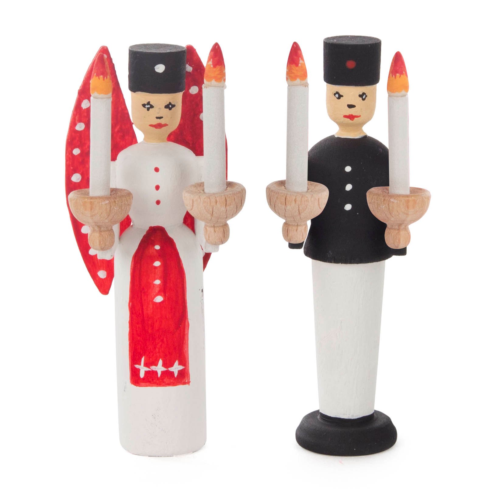 Zwei handbemalte Holzfiguren: ein Engel mit roten Flügeln und ein Bergmann, beide halten Kerzenhalter mit Kerzen. im Dregeno Online Shop günstig kaufen