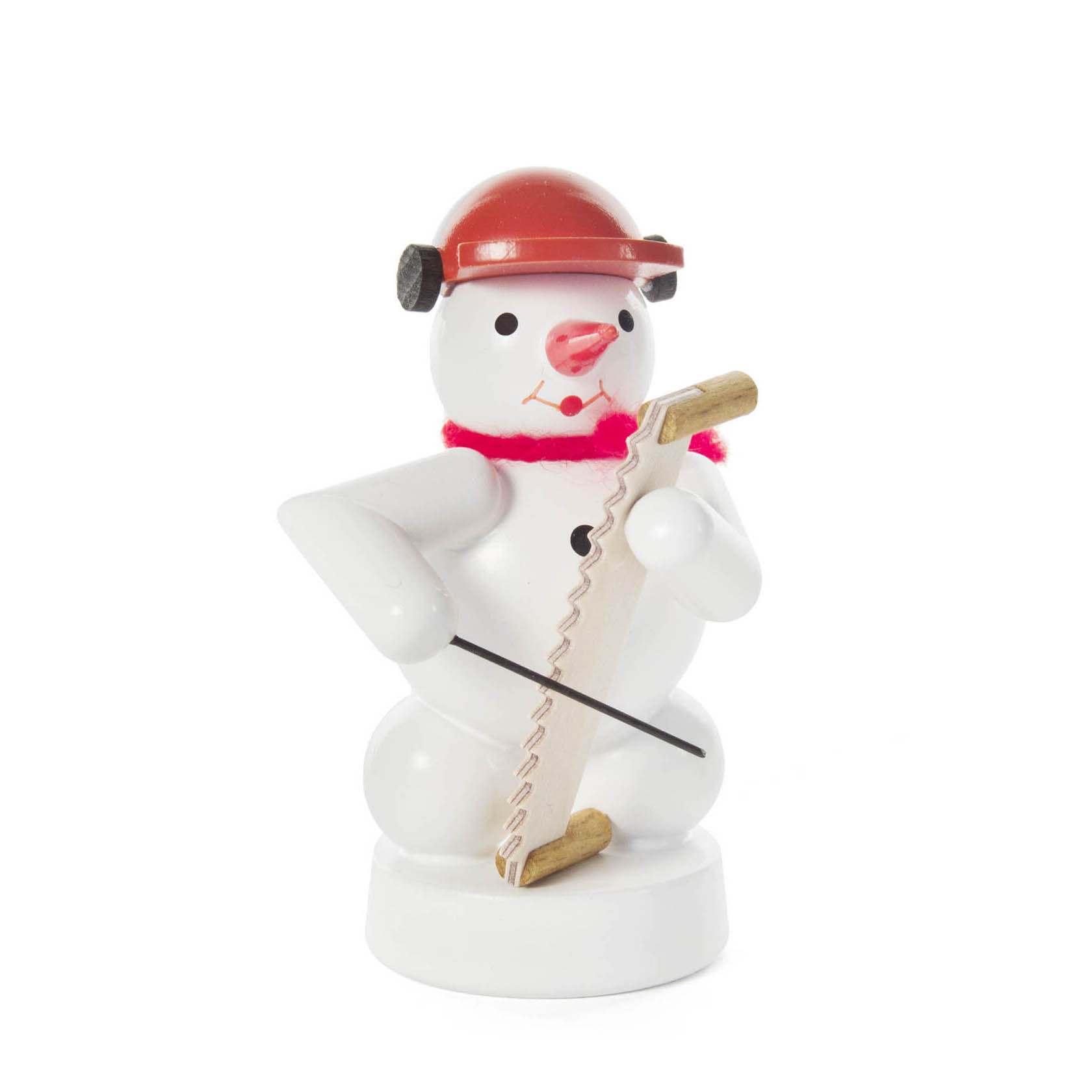 A wooden snowman figure wearing a red safety helmet and scarf, holding a singing saw with a bow.