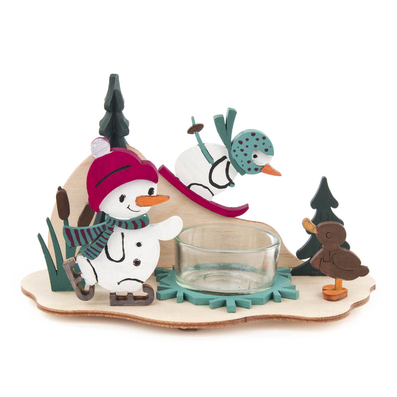 Weihnachtliche Teelichthalter-Dekoration mit einem Schneemann, der Ski fährt, einem weiteren Schneemann, der Schlittschuhe trägt, und einem kleinen Vogel. im Dregeno Online Shop günstig kaufen
