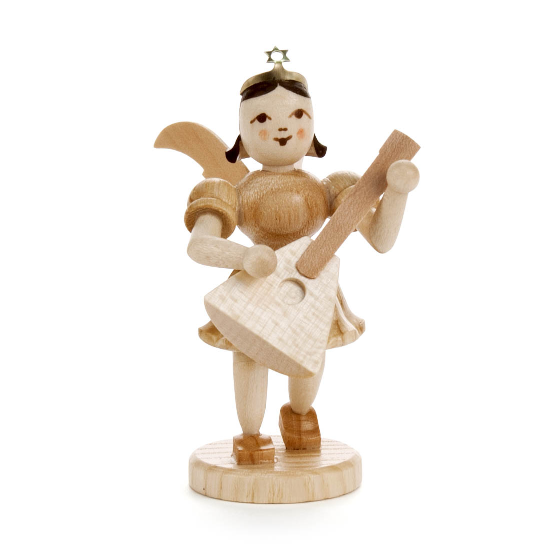 Wooden angel figure with a star crown and dark hair holding a balalaika, posed on a wooden base. The angel has a smiling expression. im Dregeno Online Shop günstig kaufen