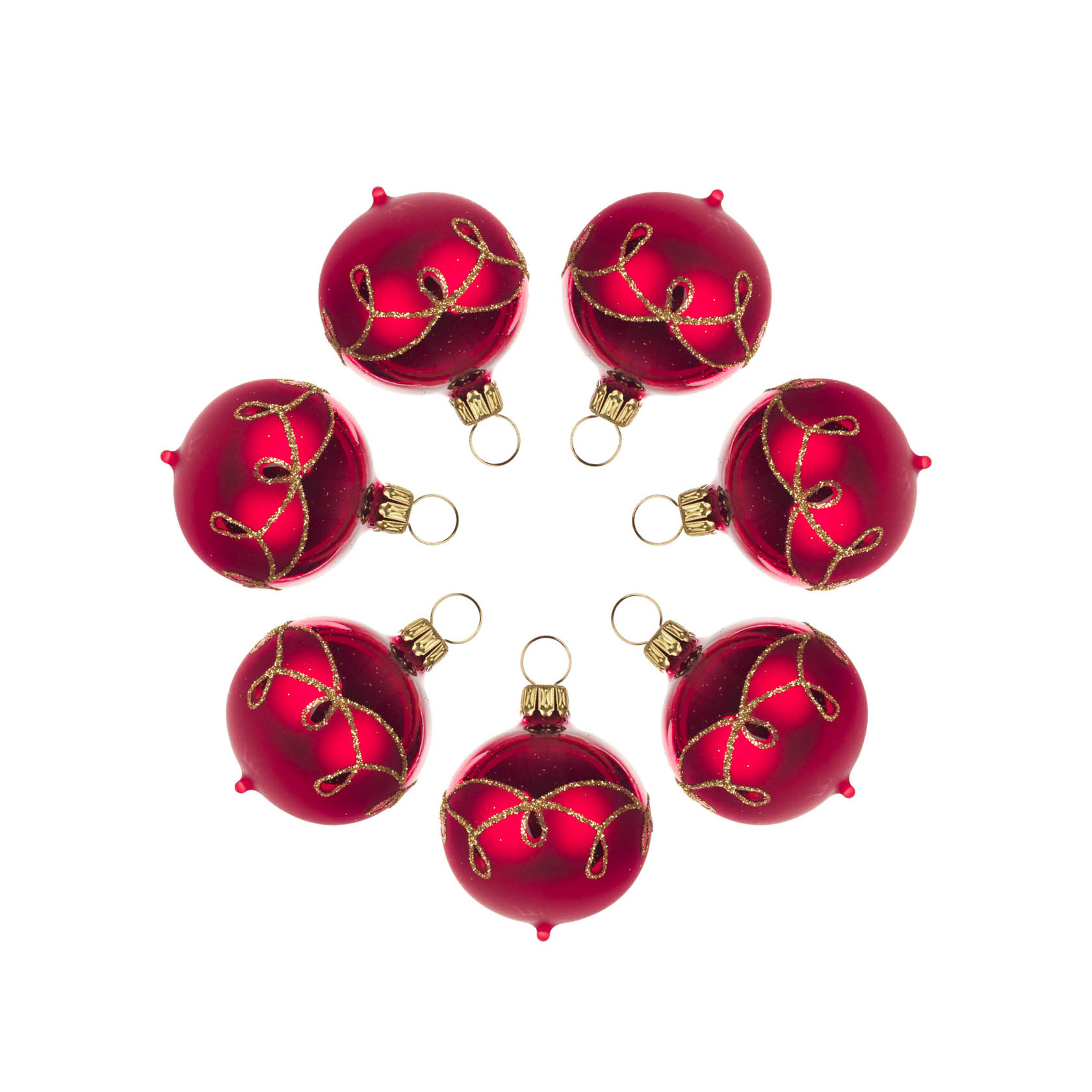 A set of seven red-matte Christmas baubles with a drop pattern, arranged in a circular formation.
