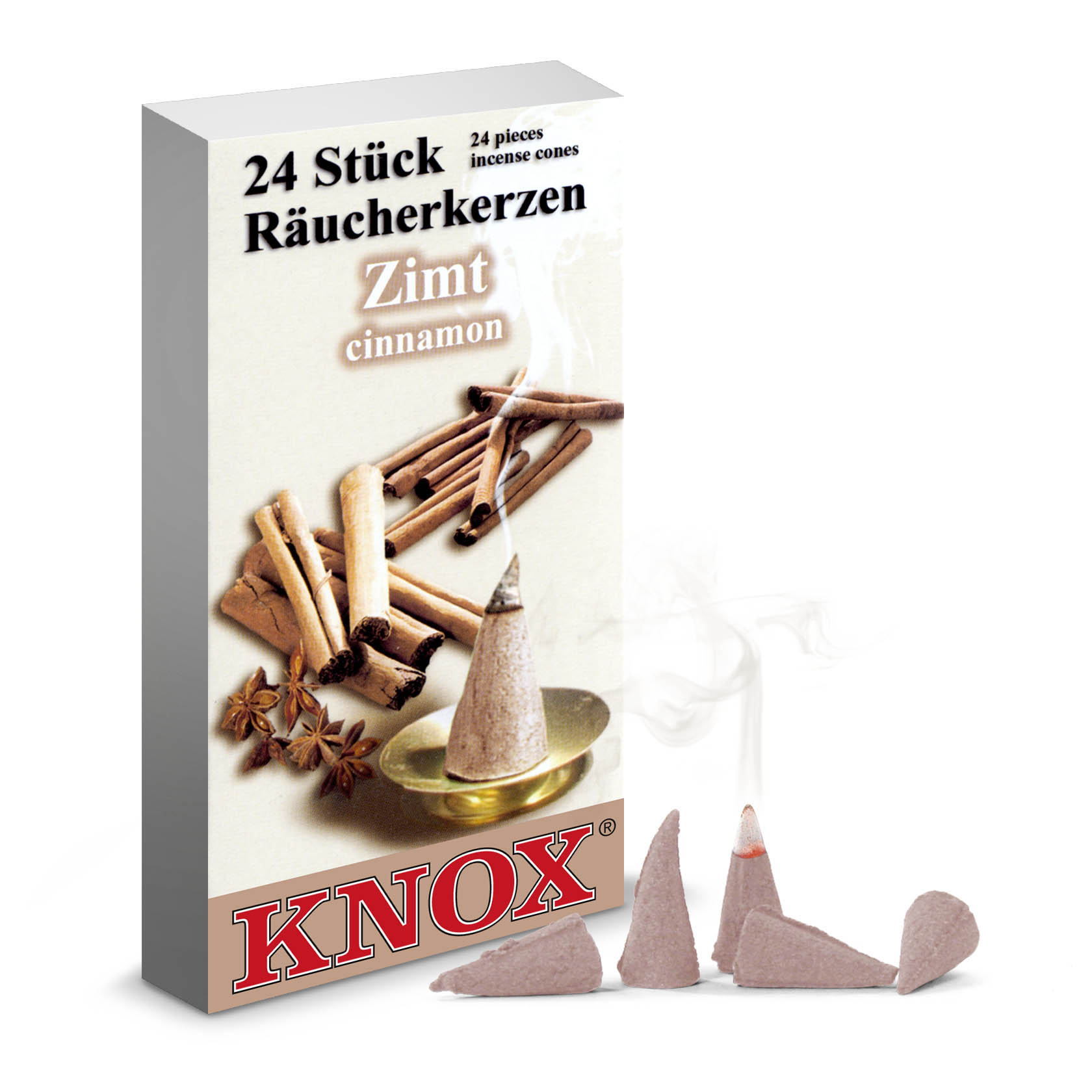 Packung mit 24 KNOX Räucherkerzen Zimt, Bild zeigt eine angezündete Räucherkerze auf einem Teller, daneben Zimtstangen und Anisstern. im Dregeno Online Shop günstig kaufen