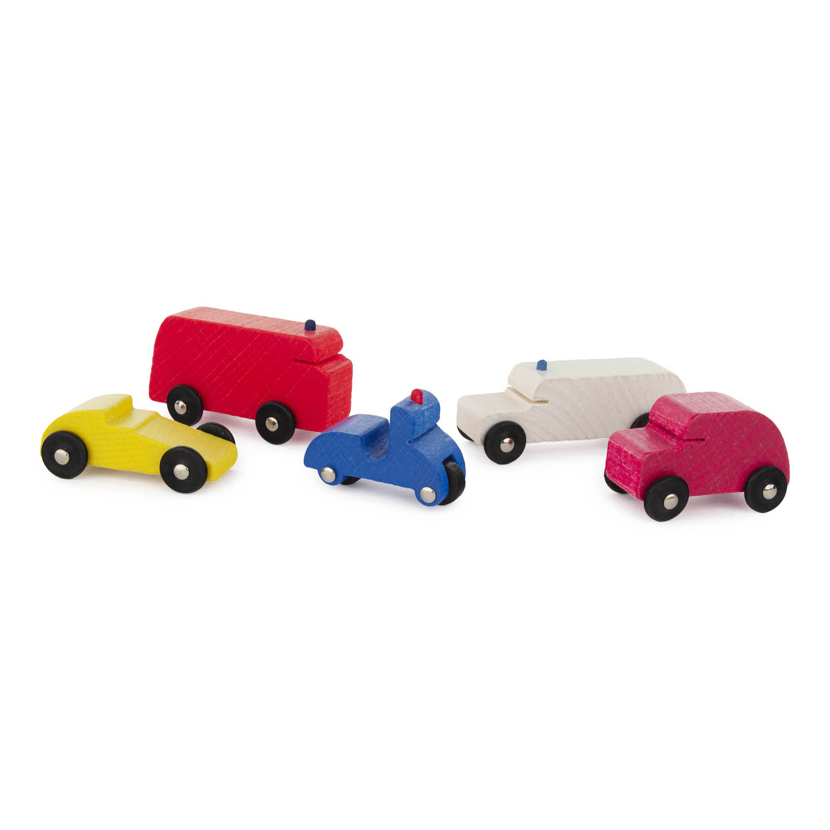 Five wooden toy vehicles including a yellow race car, blue motorcycle, red van, white police car, and pink car, each with simplistic designs and wheels. im Dregeno Online Shop günstig kaufen