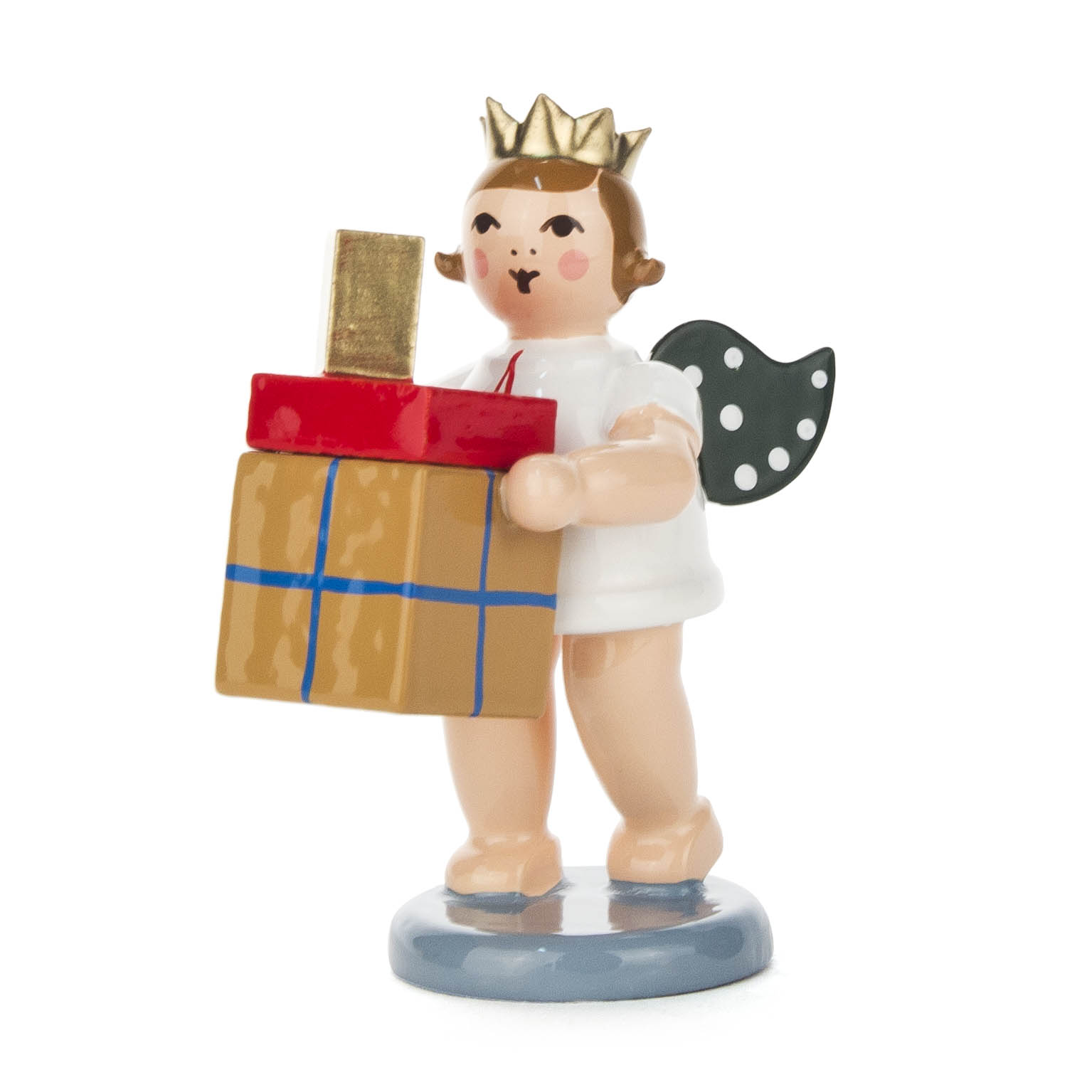 Small angel figurine with short brown hair, wearing a golden crown and holding a large gift box, standing on a blue base. im Dregeno Online Shop günstig kaufen