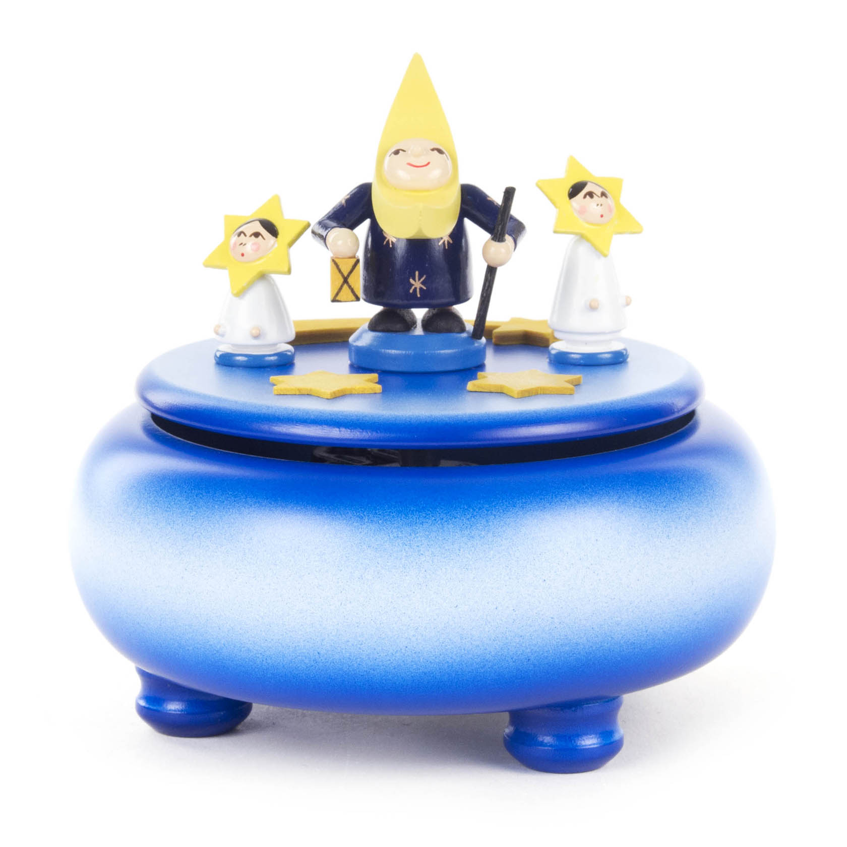Eine blaue Spieldose mit einem Mondgesicht und Sternen. Auf der Spieldose stehen drei Figuren: ein Mann mit gelbem Hut und zwei Kinder mit gelben Sternen. im Dregeno Online Shop günstig kaufen