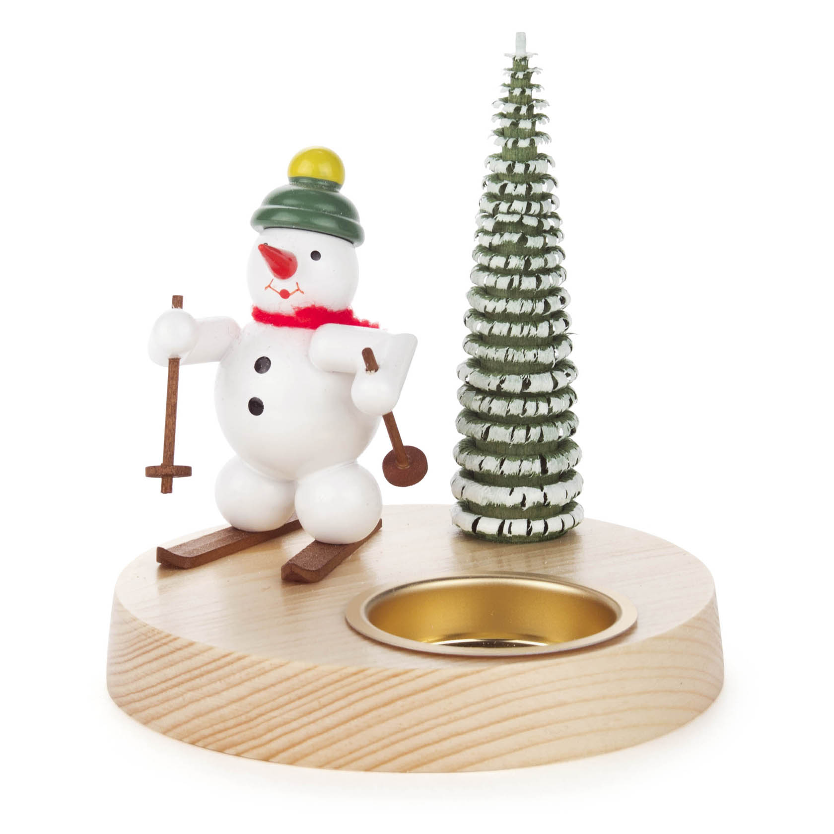 Teelichthalter mit einem Schneemann auf Skiern mit grünem Hut und rotem Schal neben einer grünen Tannenbaumfigur. im Dregeno Online Shop günstig kaufen