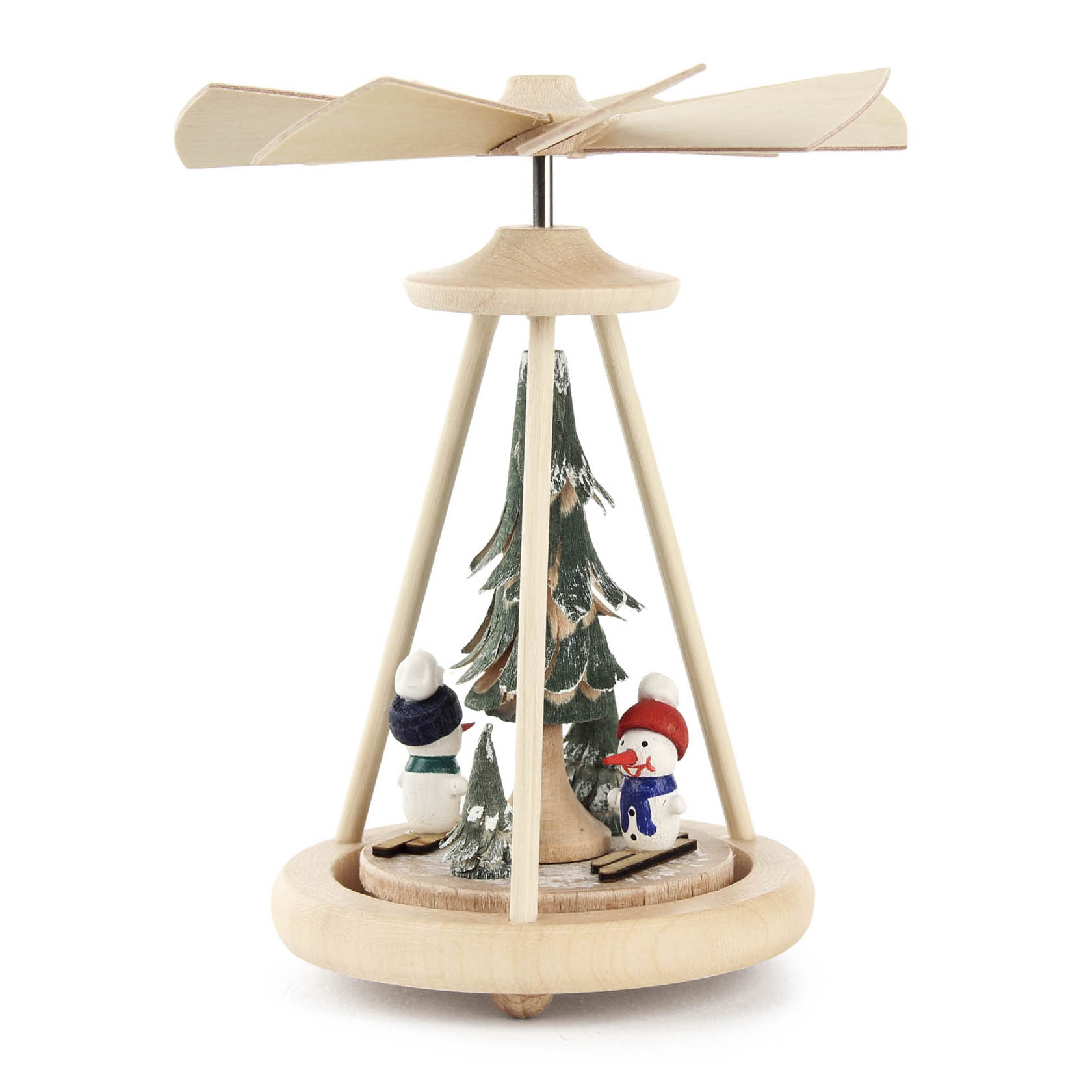 Ein traditionelles Wärmespiel aus Holz mit einem Schneemann und einem Weihnachtsbaum, angetrieben durch die Wärme eines Teelichts.