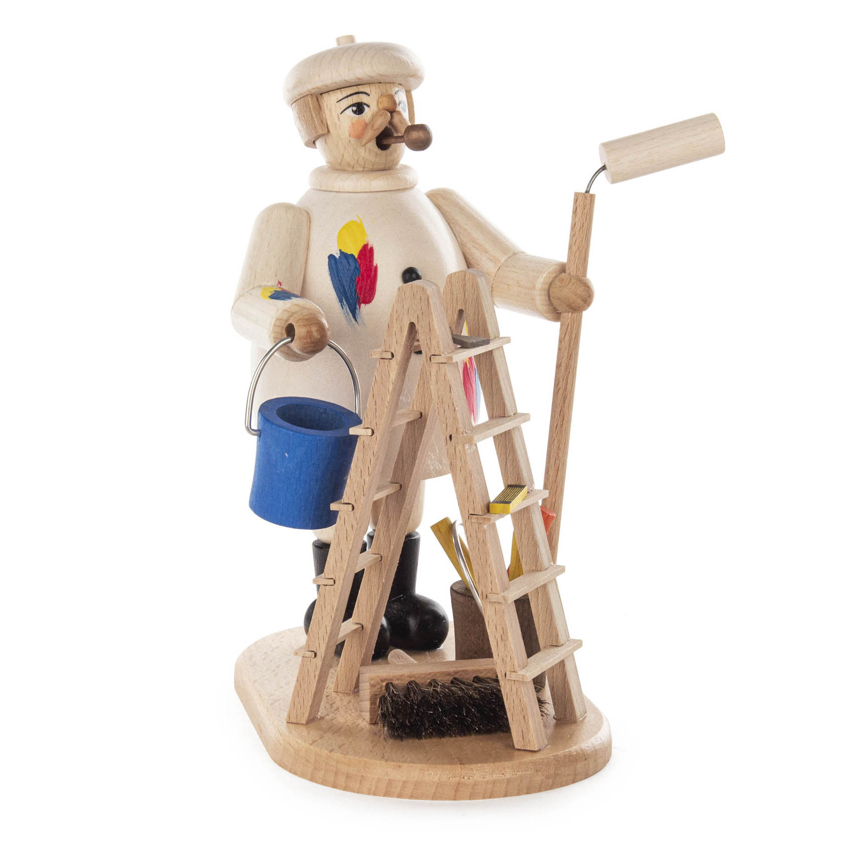 A wooden incense smoker figure depicted as a painter, holding a paint roller and a blue bucket, standing next to a ladder with paintbrushes. im Dregeno Online Shop günstig kaufen