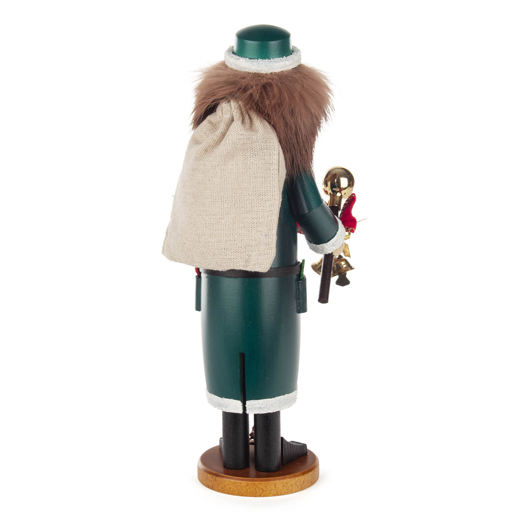 Back view of a green wooden figurine called Räuchermann, representing an Irish Santa Claus, with a burlap sack and a fur-trimmed cloak.