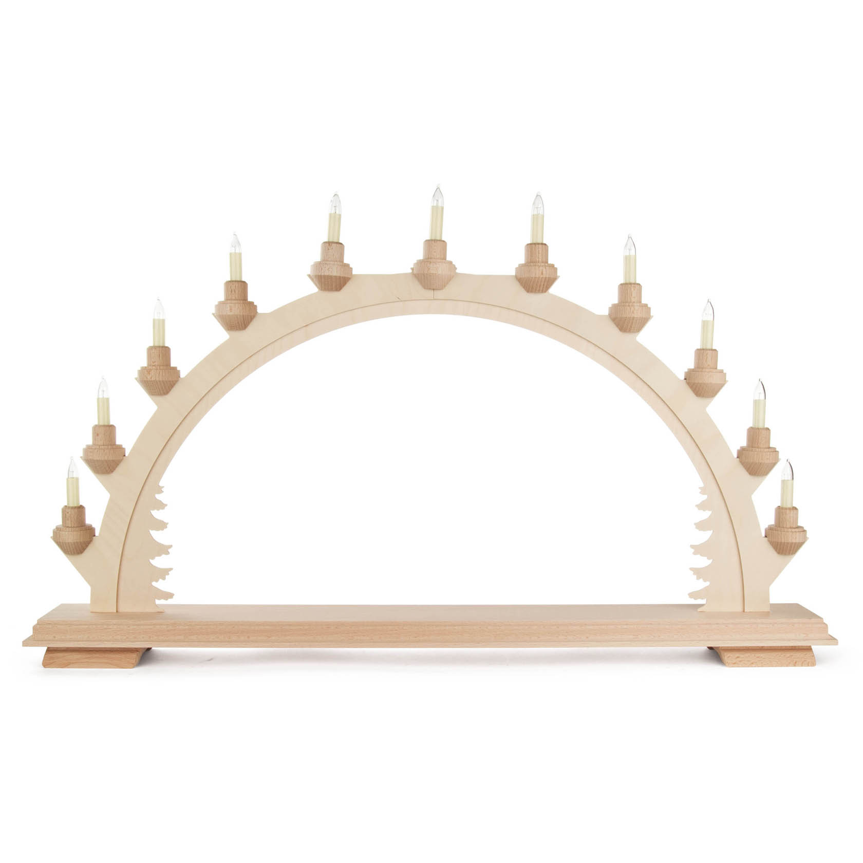 Wooden arch-shaped candle holder, known as a Schwibbogen, with electric candles arranged symmetrically without any additional decoration. im Dregeno Online Shop günstig kaufen