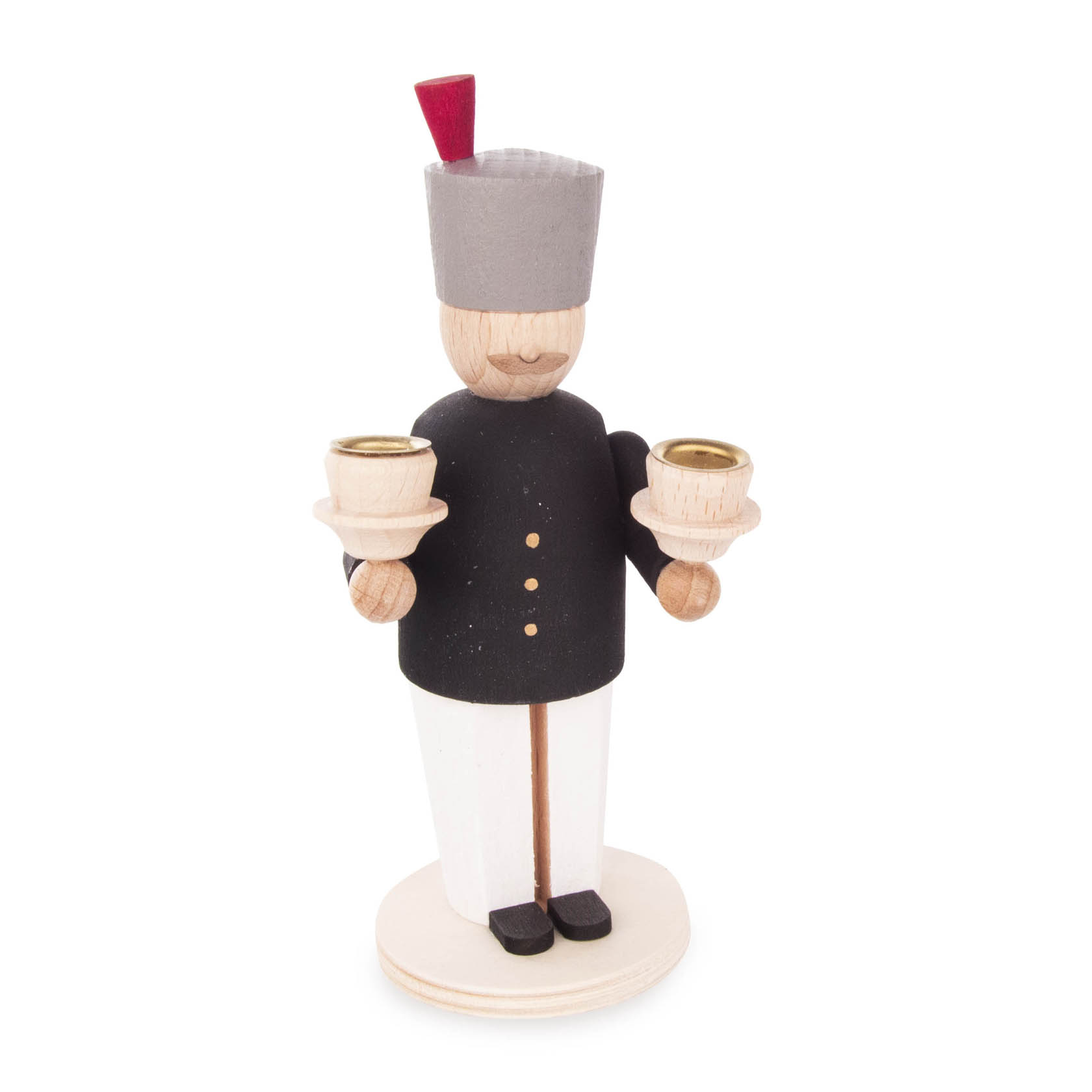 Wooden miner figure with a gray hat and red feather, holding two candle holders, dressed in a black jacket and white pants. im Dregeno Online Shop günstig kaufen