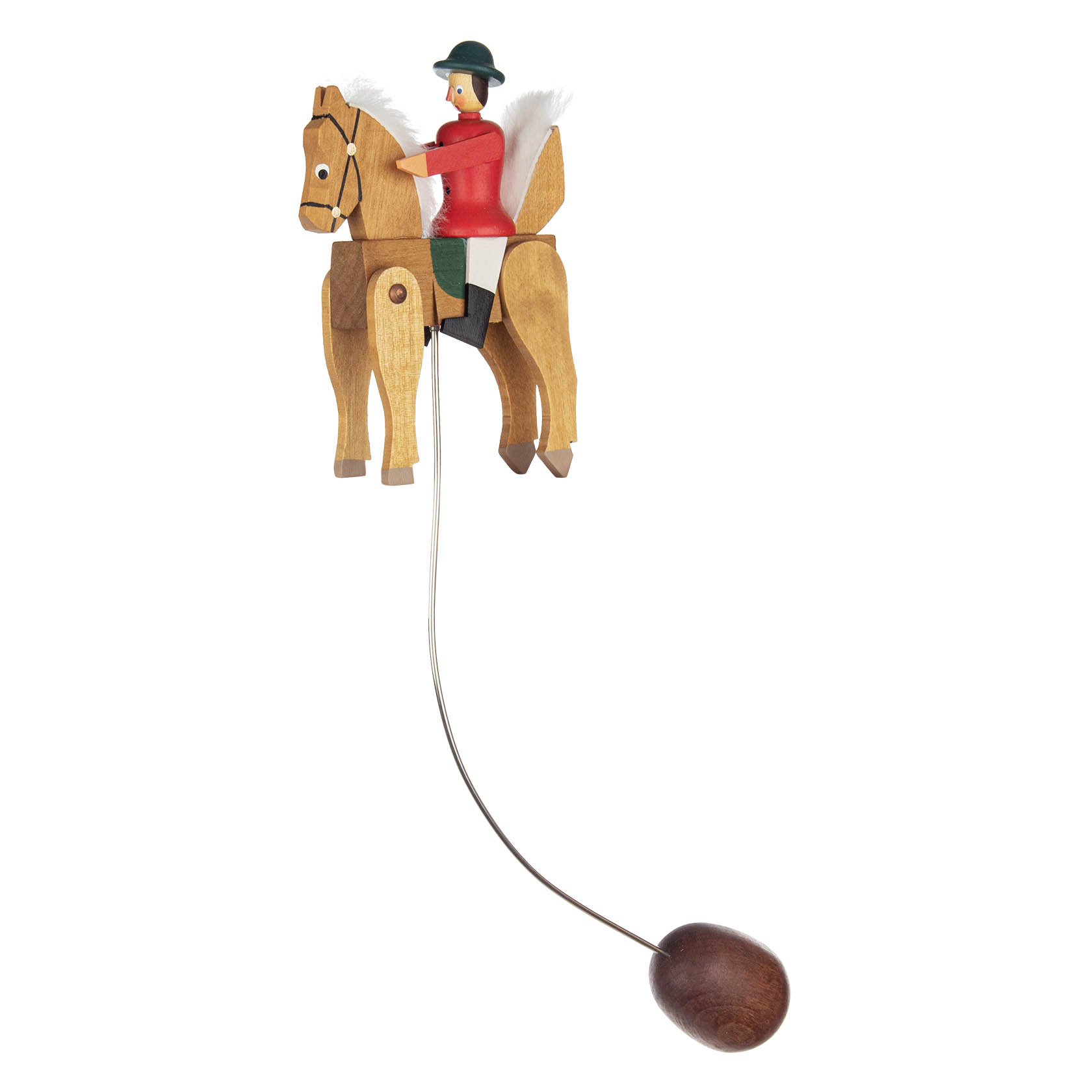 Holzschaukelspielzeug mit einem braunen Pferd und einem orange-roten Reiter mit grünem Hut. Der Reiter bewegt sich beim Schaukeln. im Dregeno Online Shop günstig kaufen