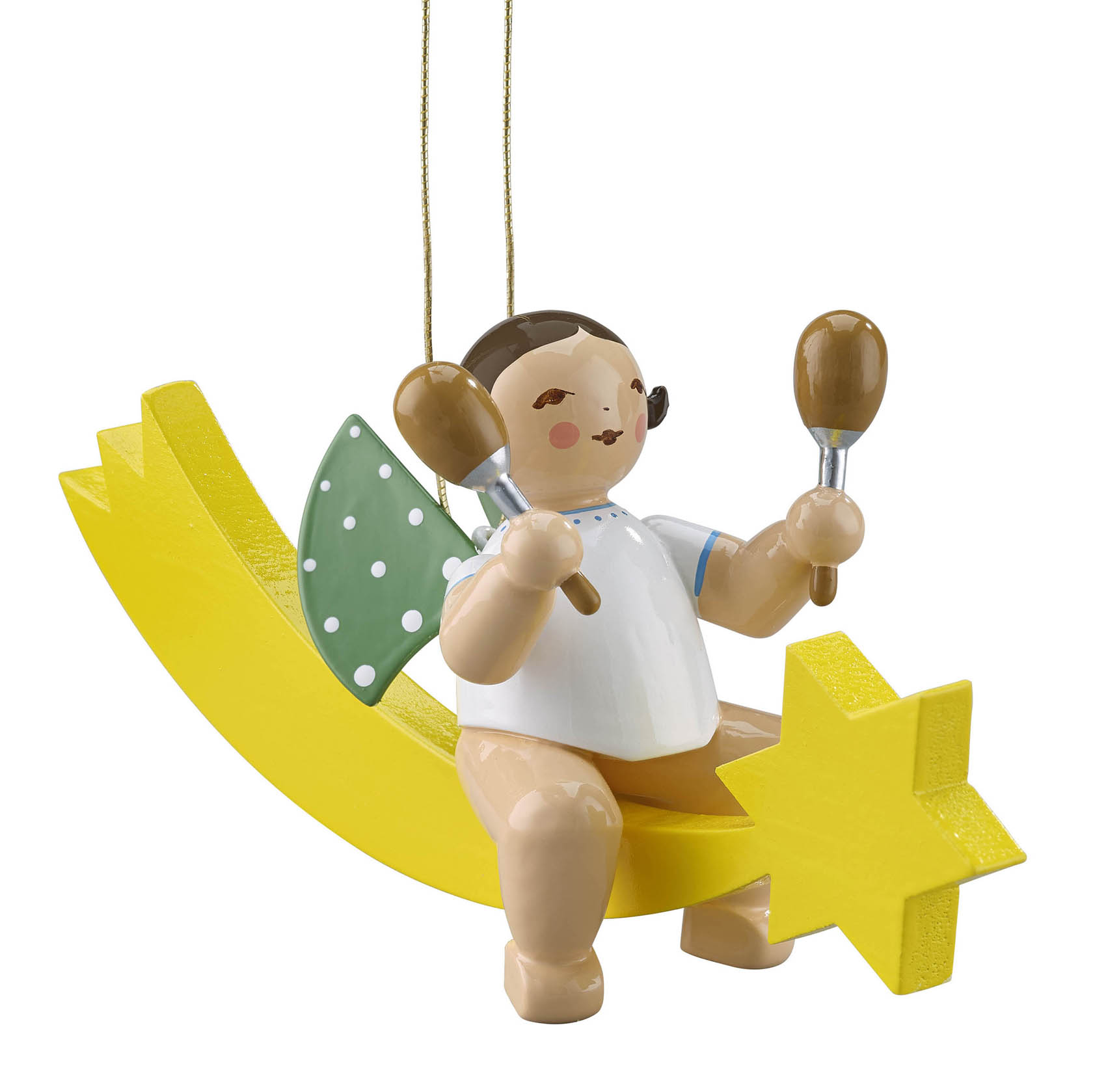 Holzfigur eines lächelnden Engels mit gepunkteten grünen Flügeln, Maracas haltend, auf einem gelben Schweif sitzend. im Dregeno Online Shop günstig kaufen