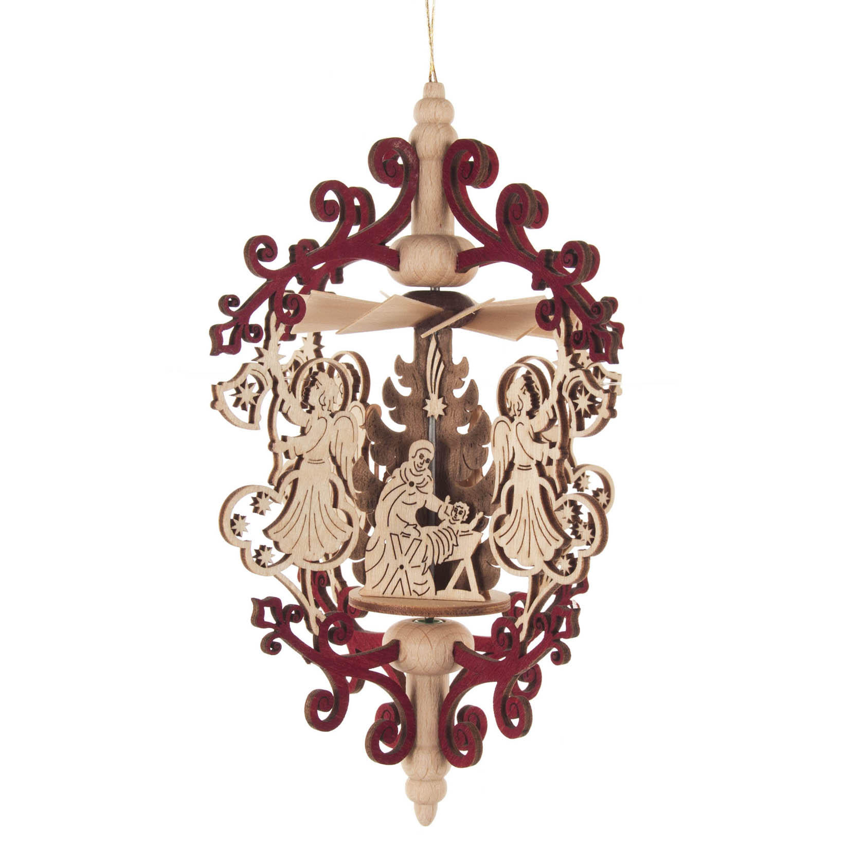 Wooden ornament depicting angels with trumpets and a nativity scene with figures, designed to spin when heated, hanging by a string.