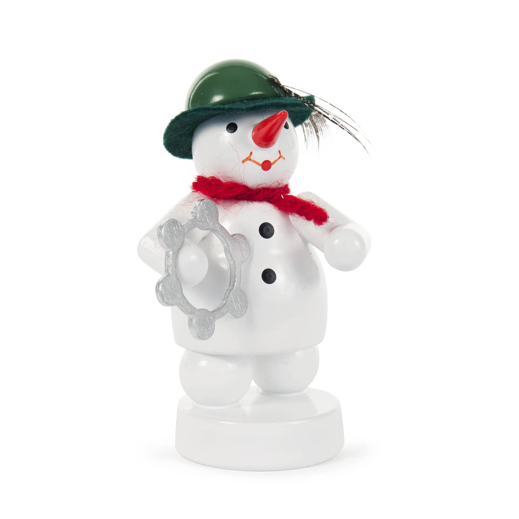 A small snowman figurine with a green hat, red scarf, and a tambourine in its hand. im Dregeno Online Shop günstig kaufen
