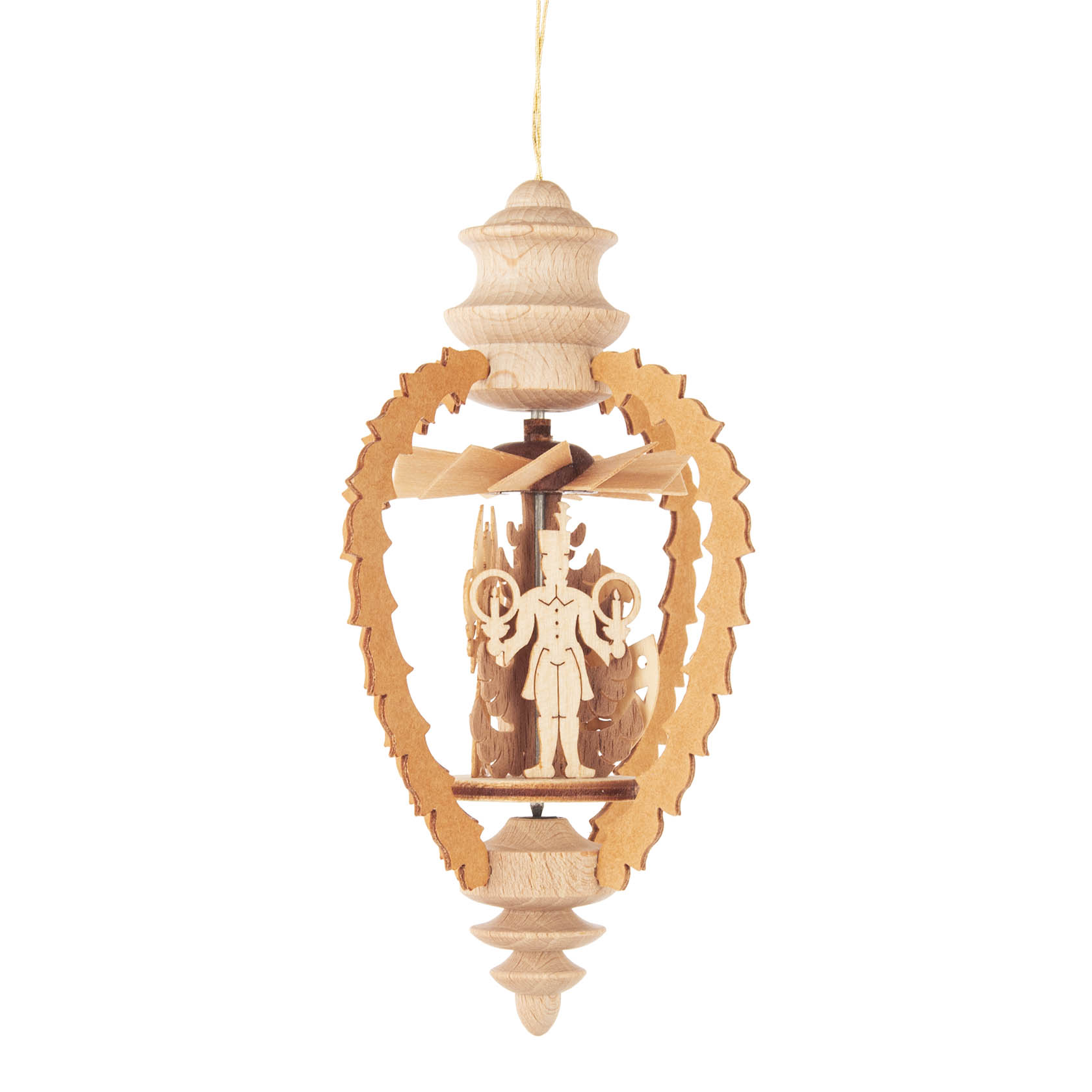 Hanging pyramid decoration in the shape of a cone featuring intricate wooden carvings of an angel, a miner, and a little rider.