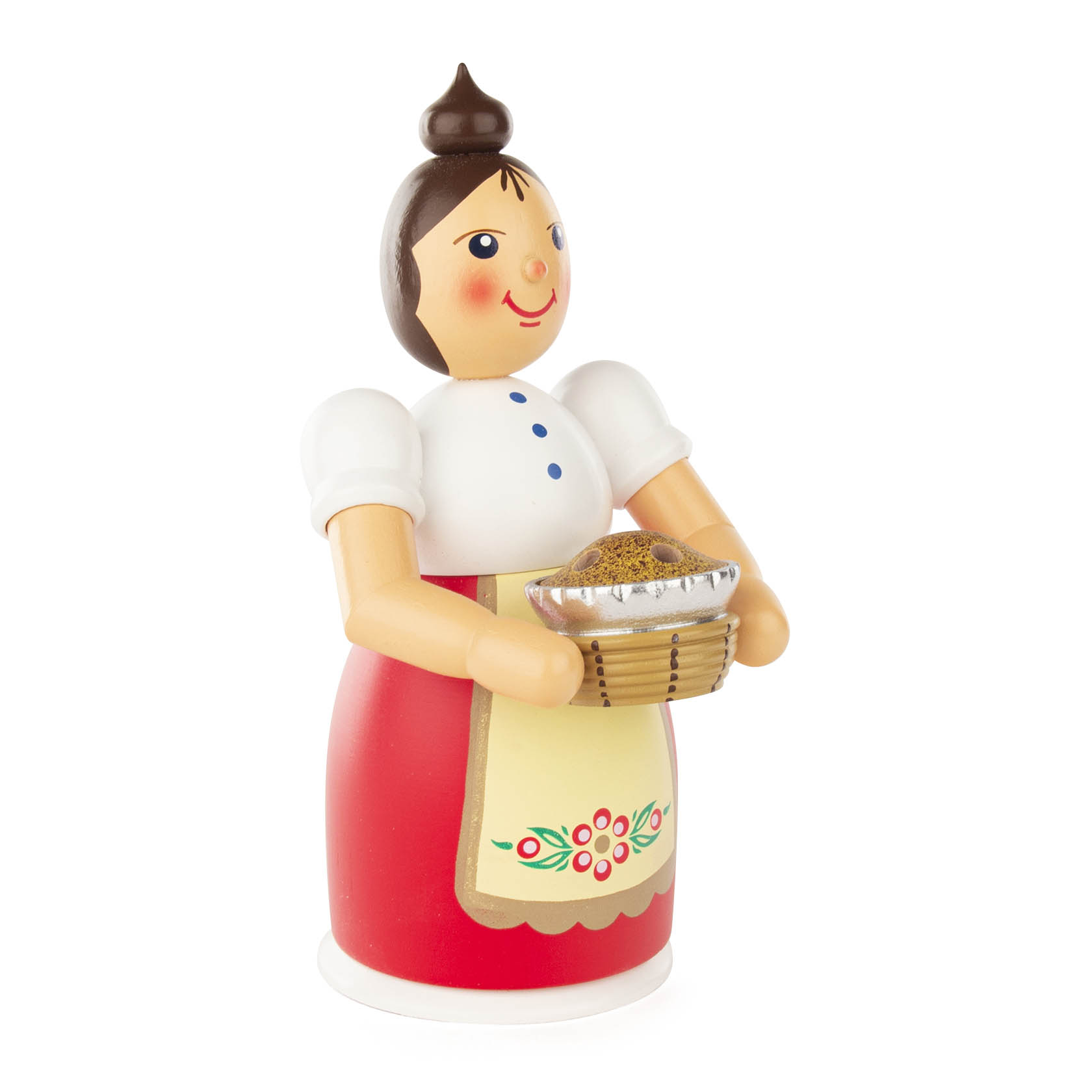 Räucherfrau mit Schürze und Kuchen