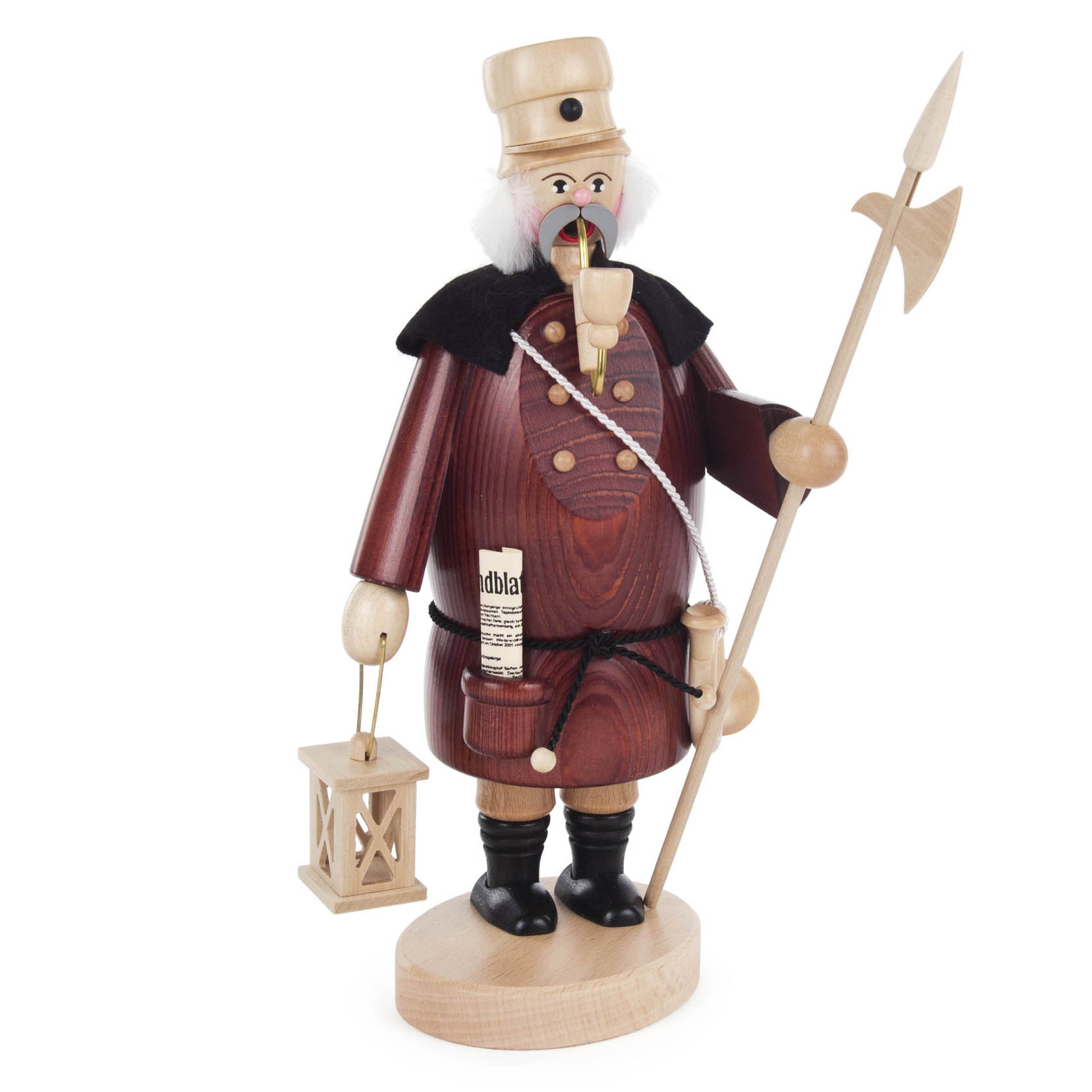 Holzfigur eines Räuchermanns in Form eines Nachtwächters mit Pfeife, Laterne und Hellebarde. Die Figur trägt einen schwarzen Hut, einen braunen Mantel und hat eine weiße Bartattrappe. im Dregeno Online Shop günstig kaufen