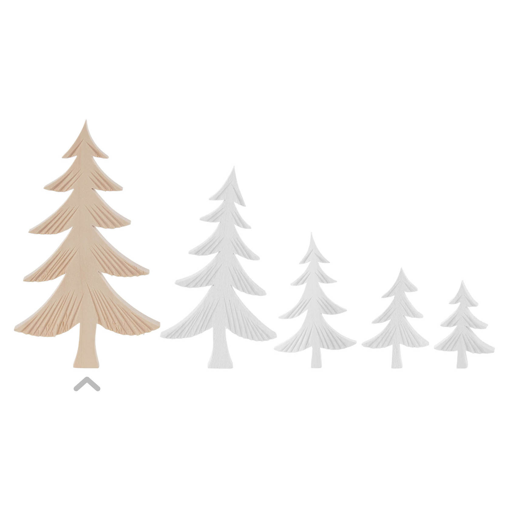 Five carved wooden tree figures in various sizes, from largest to smallest. The largest is a light wood color, while the others are painted white.