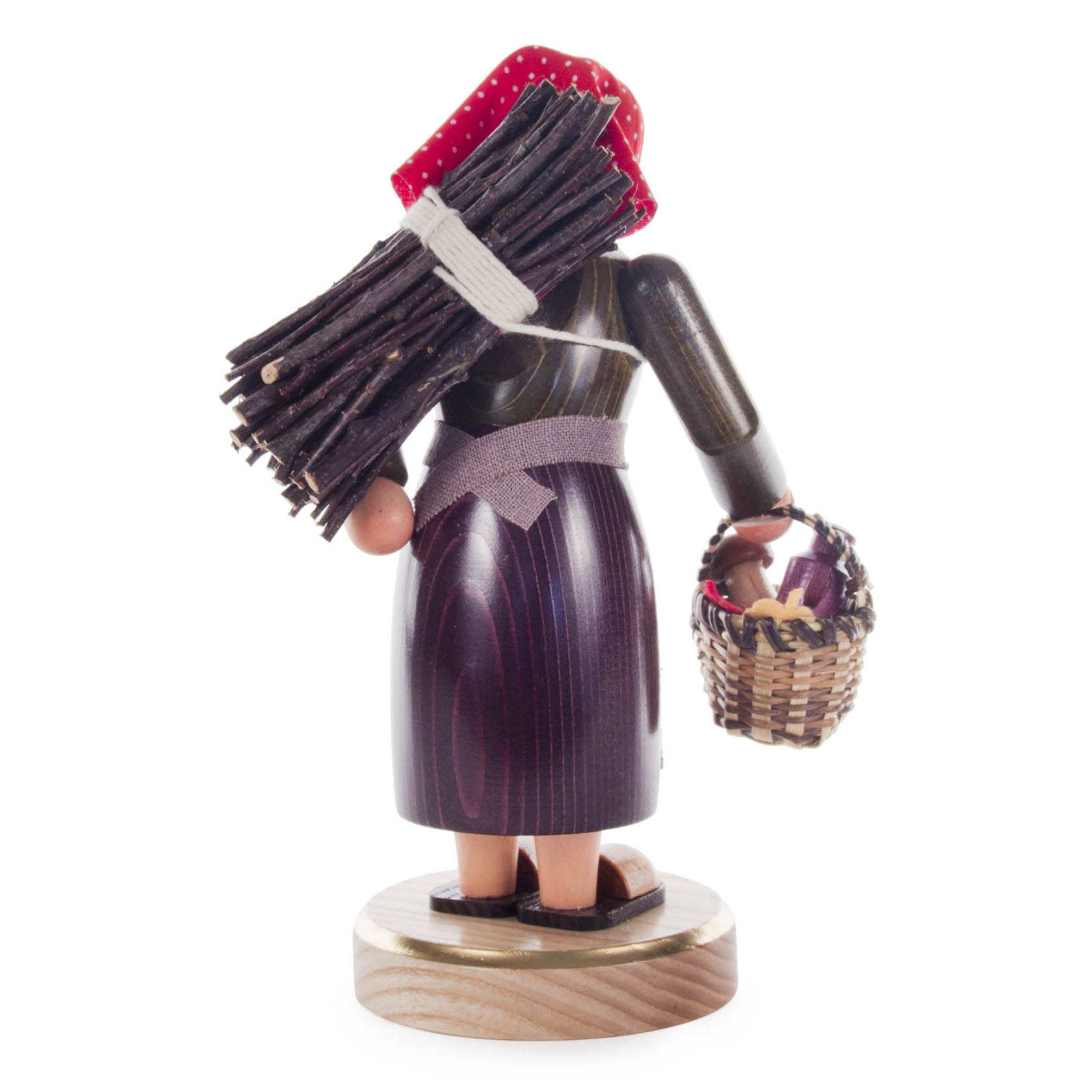 Wooden incense smoker figurine of a woman with a red headscarf, carrying a bundle of sticks on her back and holding a wicker basket.