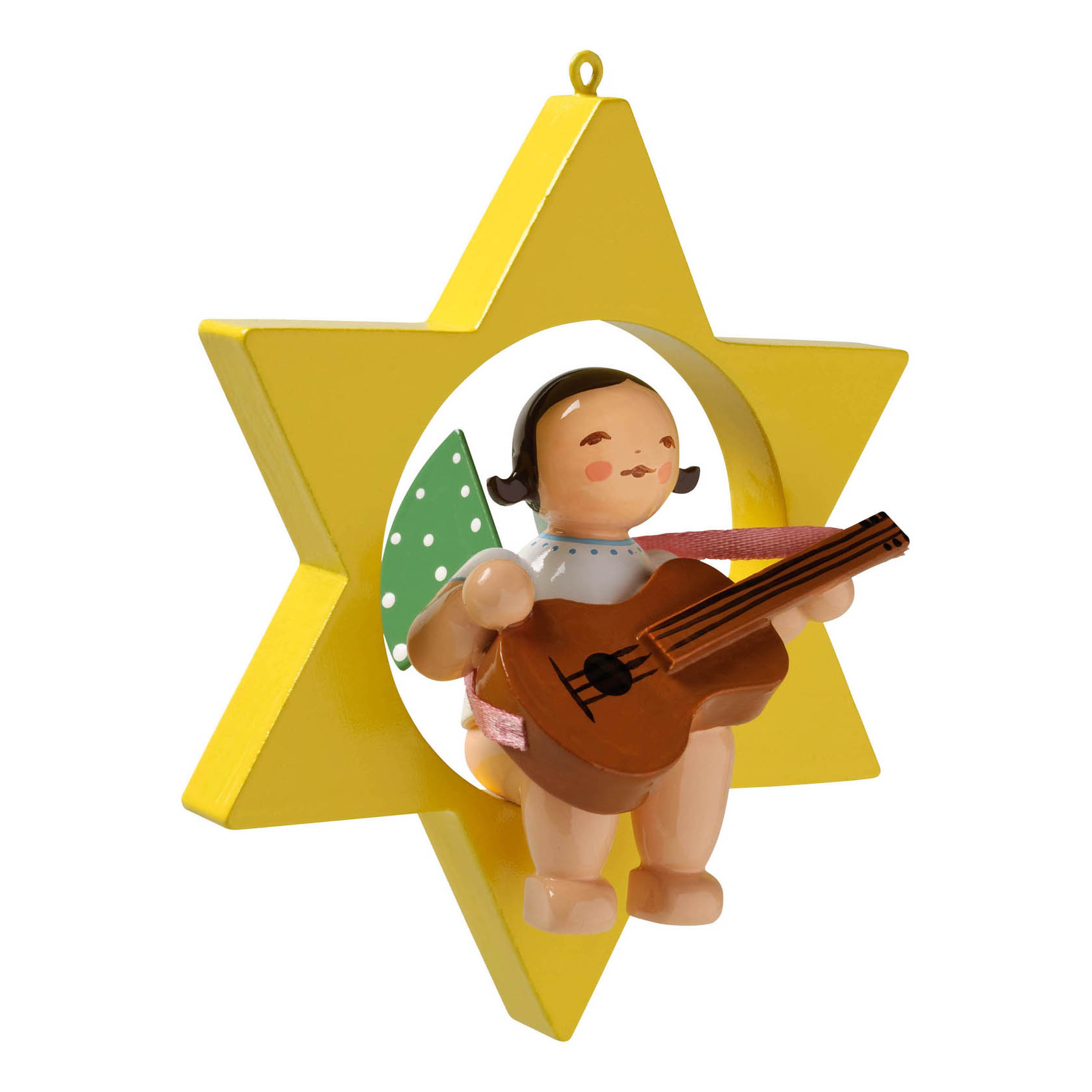 Holzengel mit Gitarre, sitzt in einem gelben Stern, grüner Flügel mit weißen Punkten, trägt ein weißes Hemd mit Kragen. im Dregeno Online Shop günstig kaufen