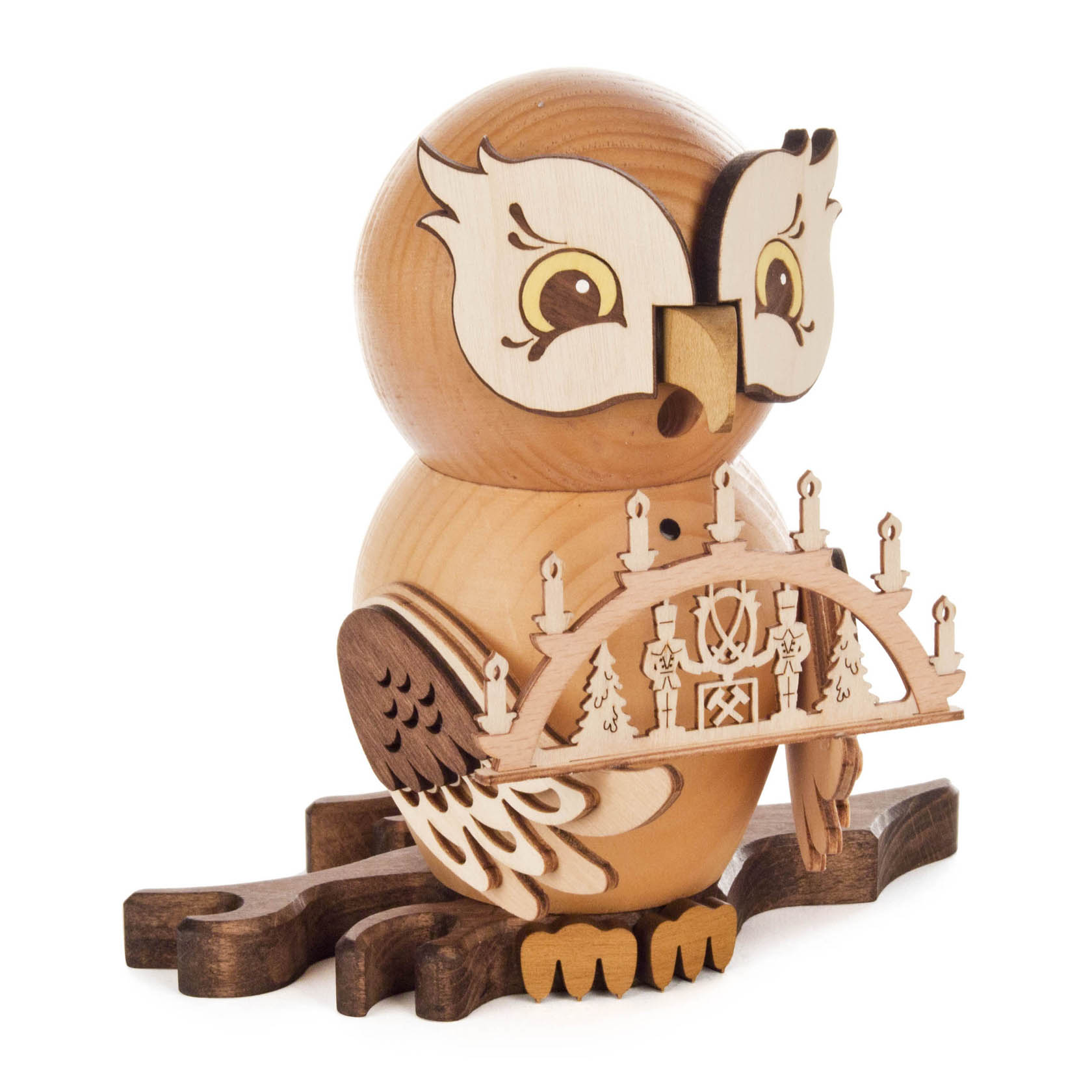 Holzeule mit großen runden Augen, hält dekorativen Schwibbogen. Die Eule ist auf einem Ast stehend gestaltet. im Dregeno Online Shop günstig kaufen