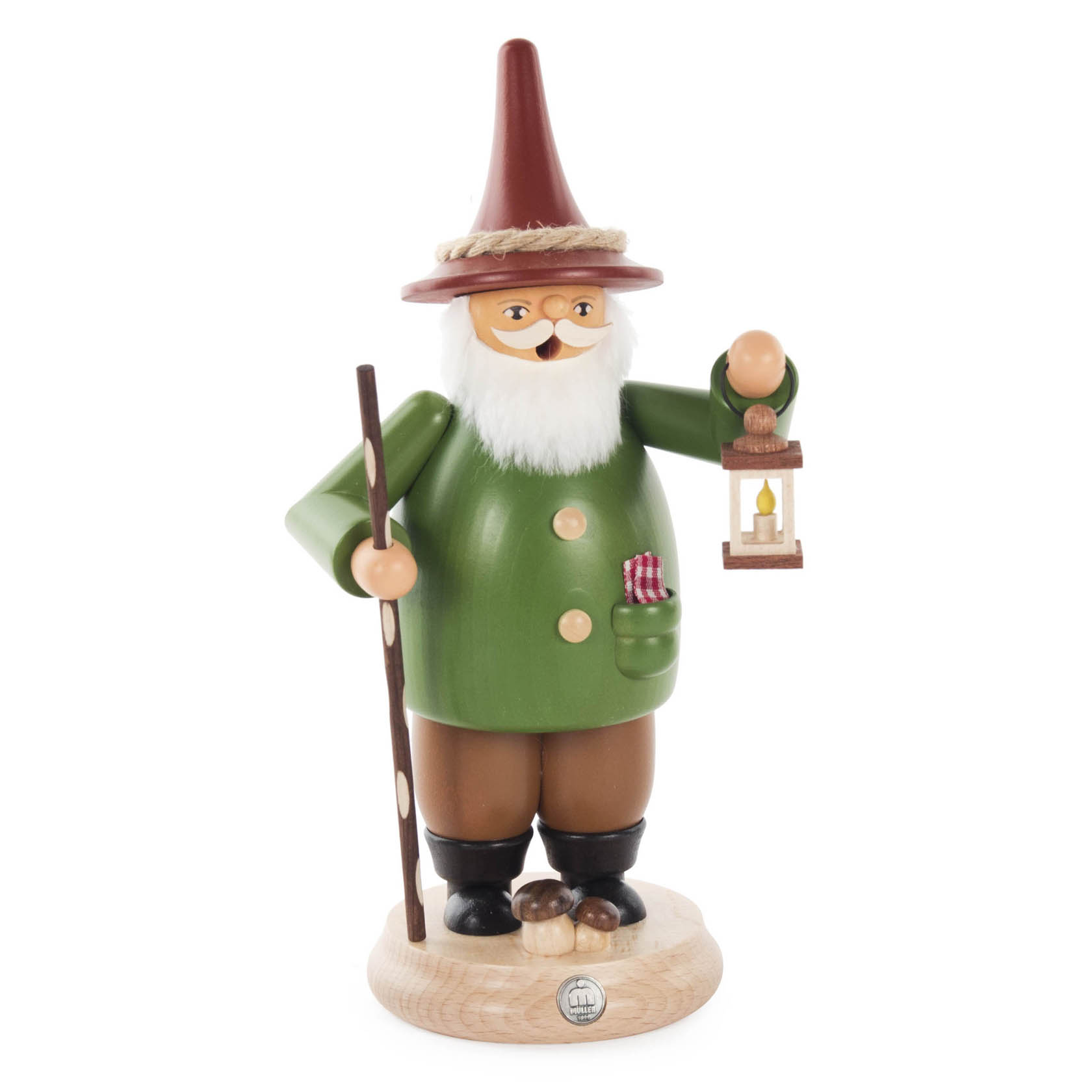 A wooden smoking gnome figurine wearing a green coat and brown hat, holding a lantern in one hand and a walking stick in the other. im Dregeno Online Shop günstig kaufen