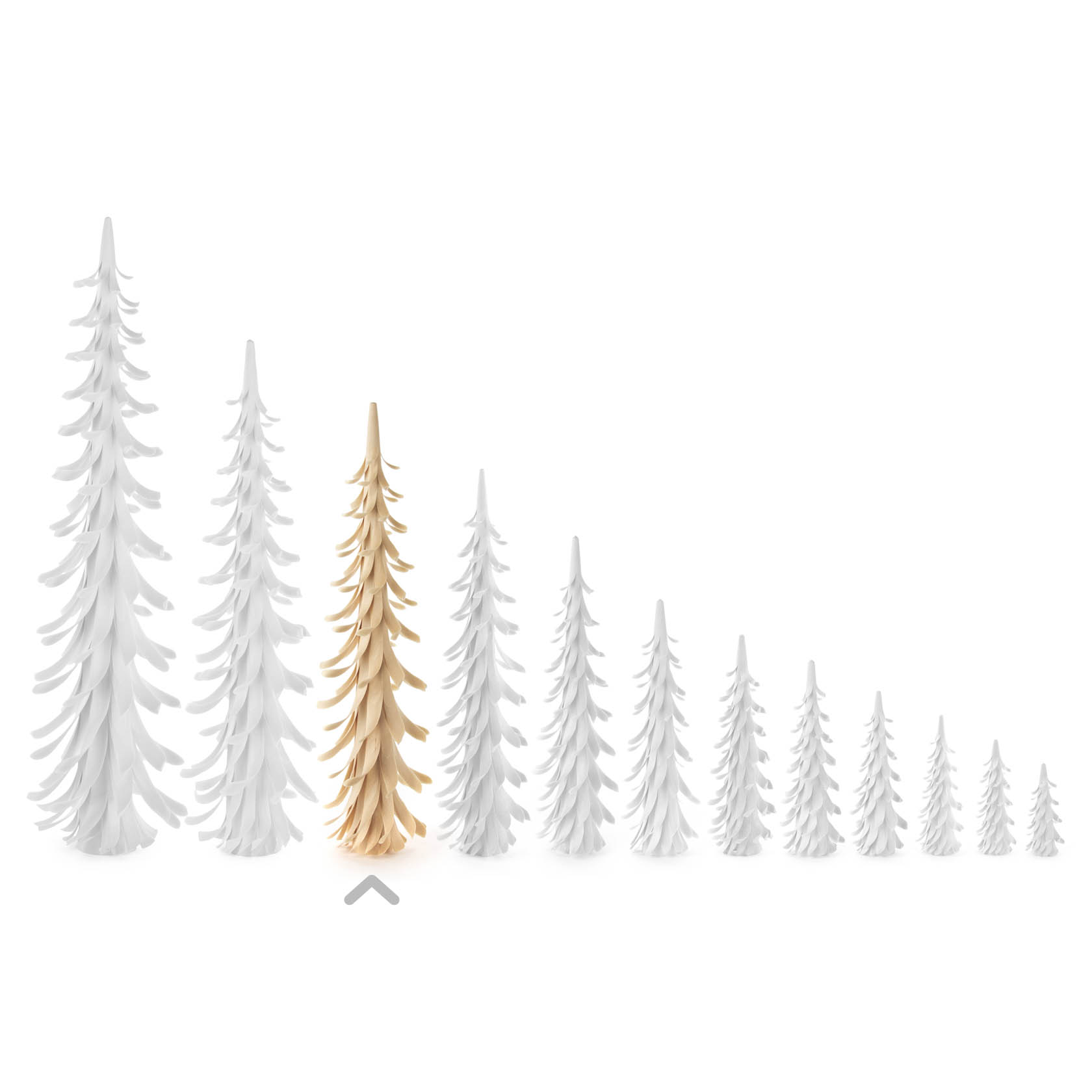 Series of eleven white spiral-shaped trees in ascending order, with one tree in natural brown color placed among them.