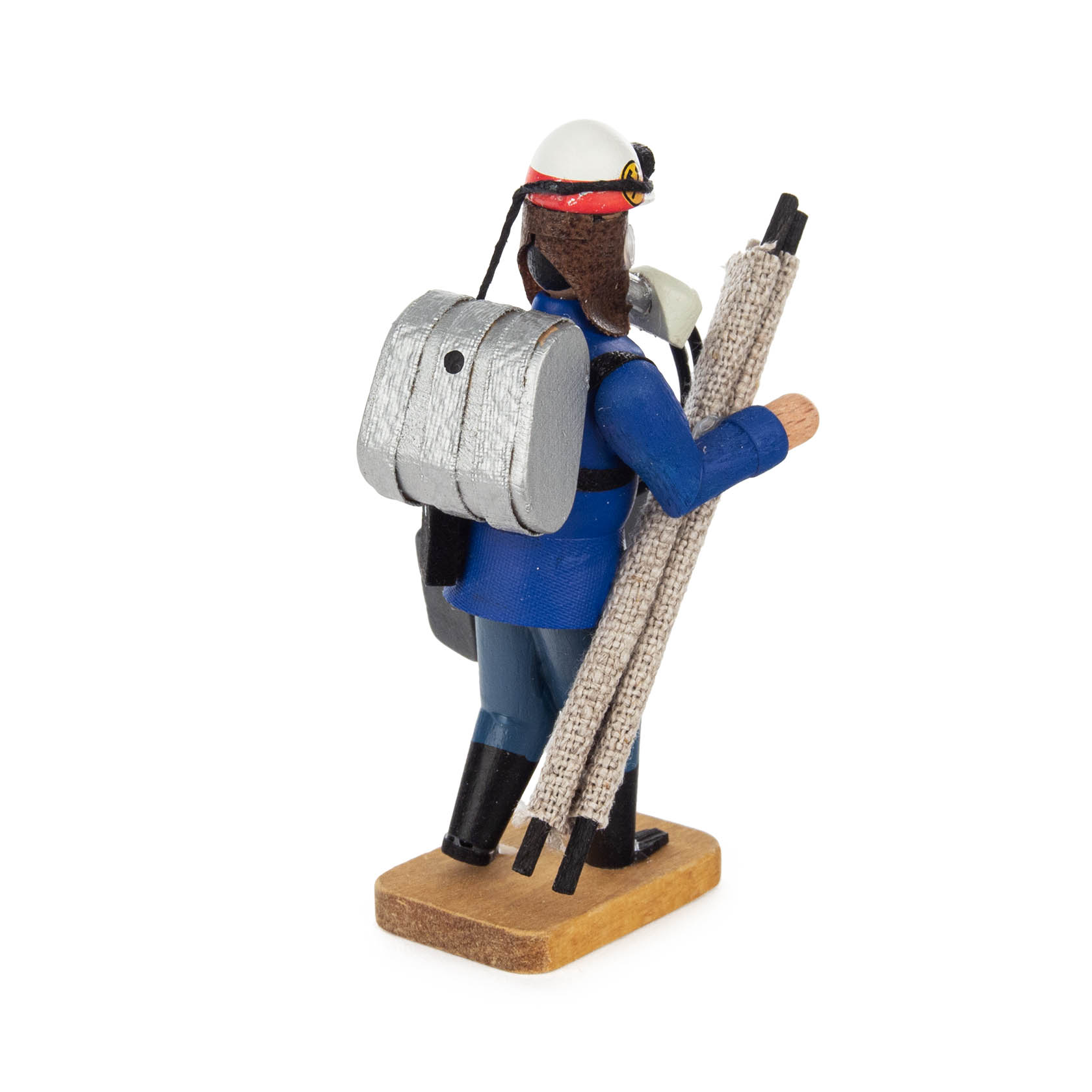 Wooden miner figurine wearing a blue uniform, a helmet, and black boots, carrying a silver backpack and a ladder.
