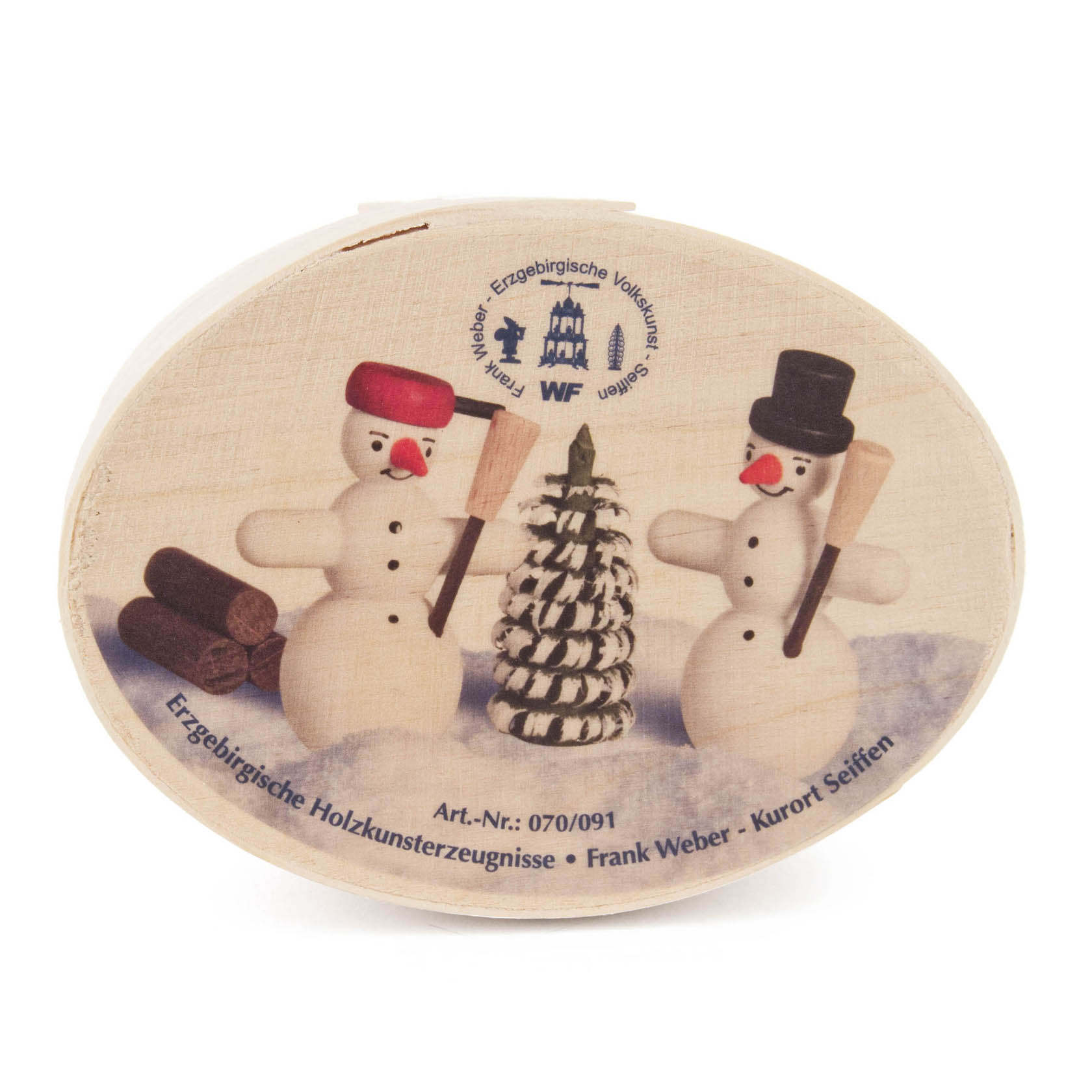 Spandose mit 2 Schneemännern, Bäumchen und Holzstoß