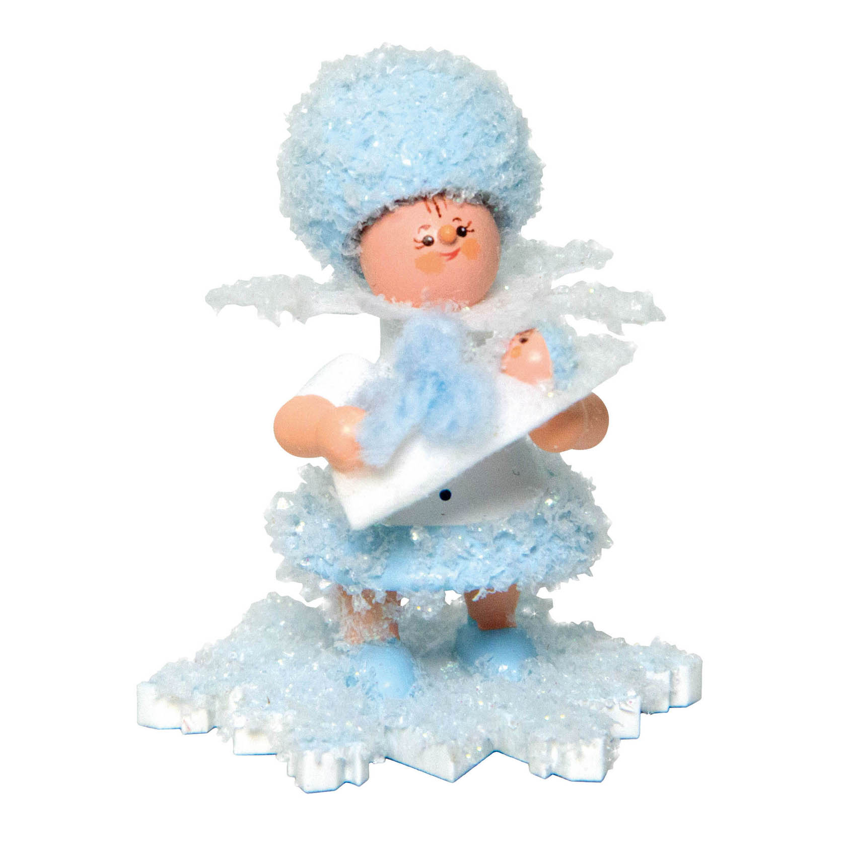 A figurine of a Snowflake girl with blue hair and clothing, holding a baby wrapped in a white and blue blanket, both standing on a snowflake base. im Dregeno Online Shop günstig kaufen