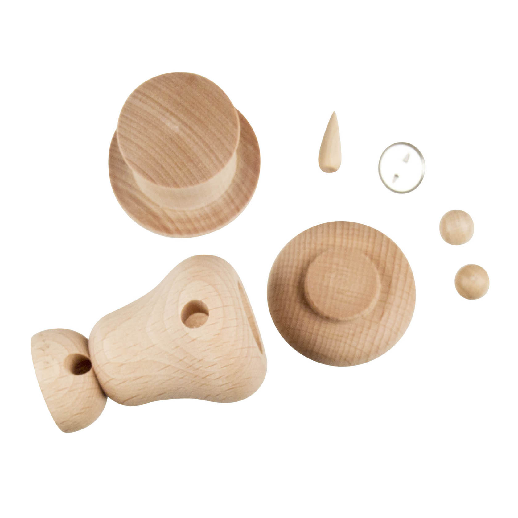 A DIY miniature snowman incense smoker set laid out with wooden pieces including a torso, head, hat, nose, eyes, and a metal stand.