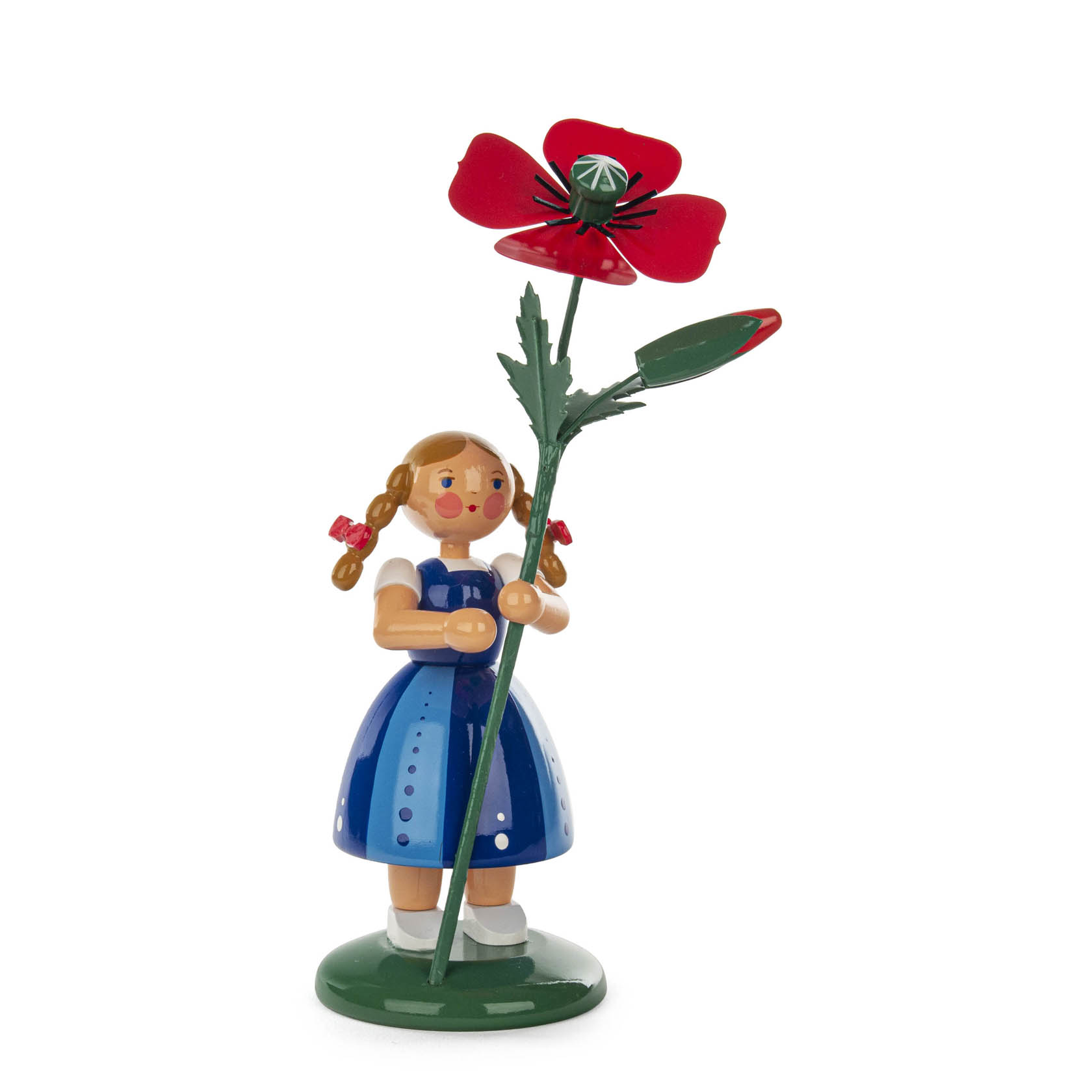 A wooden figurine of a girl with braided hair holding a large red poppy flower, wearing a blue dress. im Dregeno Online Shop günstig kaufen