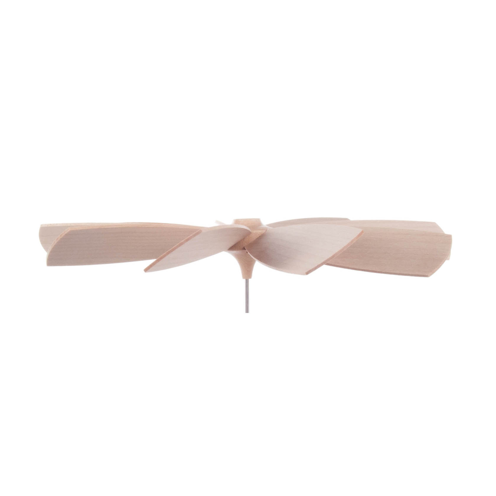 A wooden rotary wing resembling a propeller with five blades, each delicately carved. It's mounted on a thin metal pin, often used in kinetic toys.