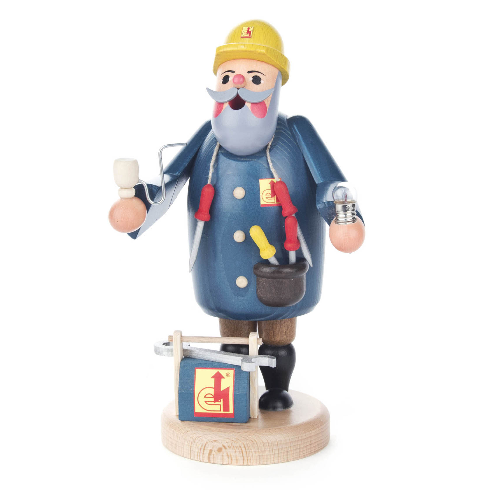 A traditional Räuchermann figure shaped as an electrician, wearing a yellow helmet and blue coat, holding tools and a light bulb. im Dregeno Online Shop günstig kaufen