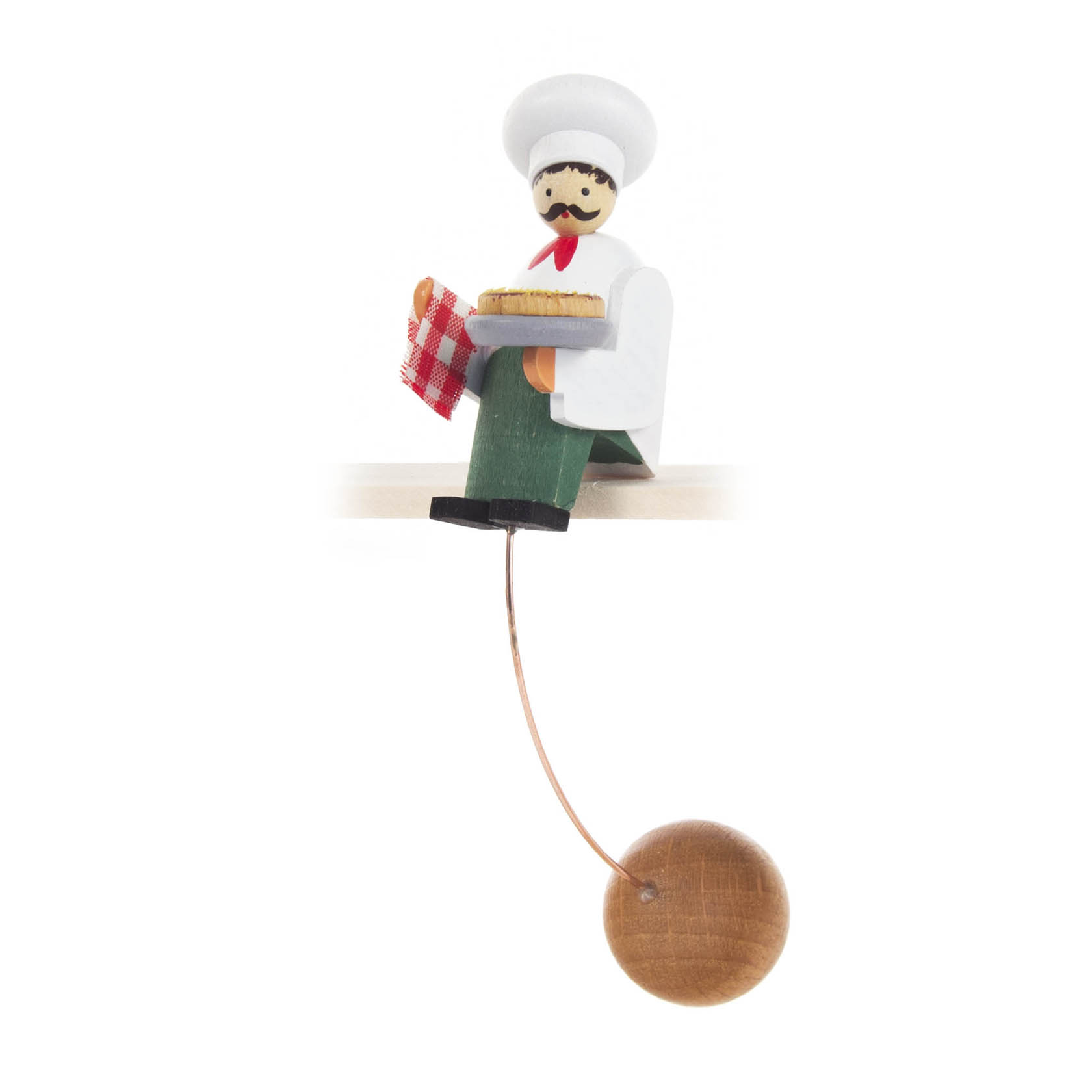 Bemalte Schaukelfigur eines Pizzabäckers mit weißer Mütze und grünem Hosen, hält eine Pizza und ein rot-weiß kariertes Tuch. im Dregeno Online Shop günstig kaufen
